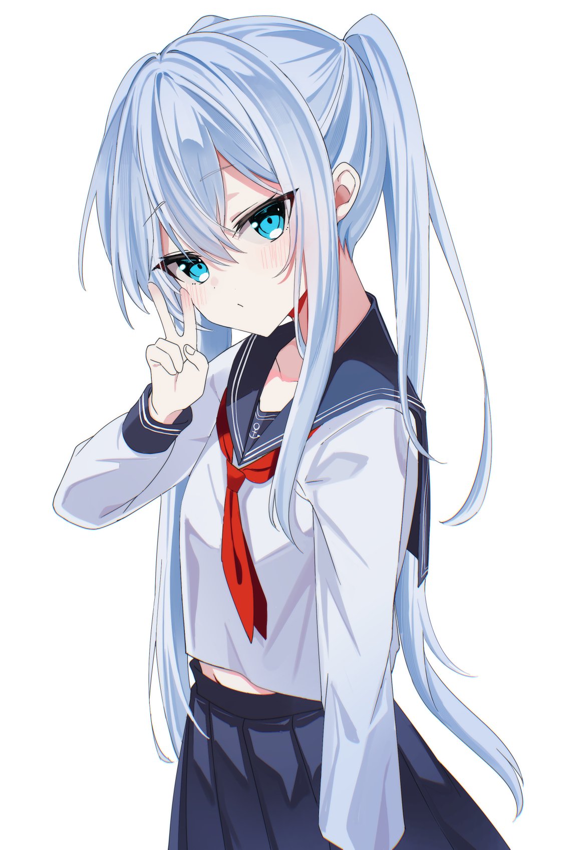 fathom, hibiki (kancolle), kantai collection, commentary request, highres, 1girl, alternate hairstyle, anchor symbol, blue eyes, blue hair, blue sailor collar, blue skirt, blush, double-parted bangs, from side, hair between eyes, long hair, long sidelocks, long sleeves, midriff peek, neckerchief, pleated skirt, red neckerchief, sailor collar, school uniform, serafuku, shirt, sidelocks, simple background, skirt, solo, v, very long hair, white background, white shirt