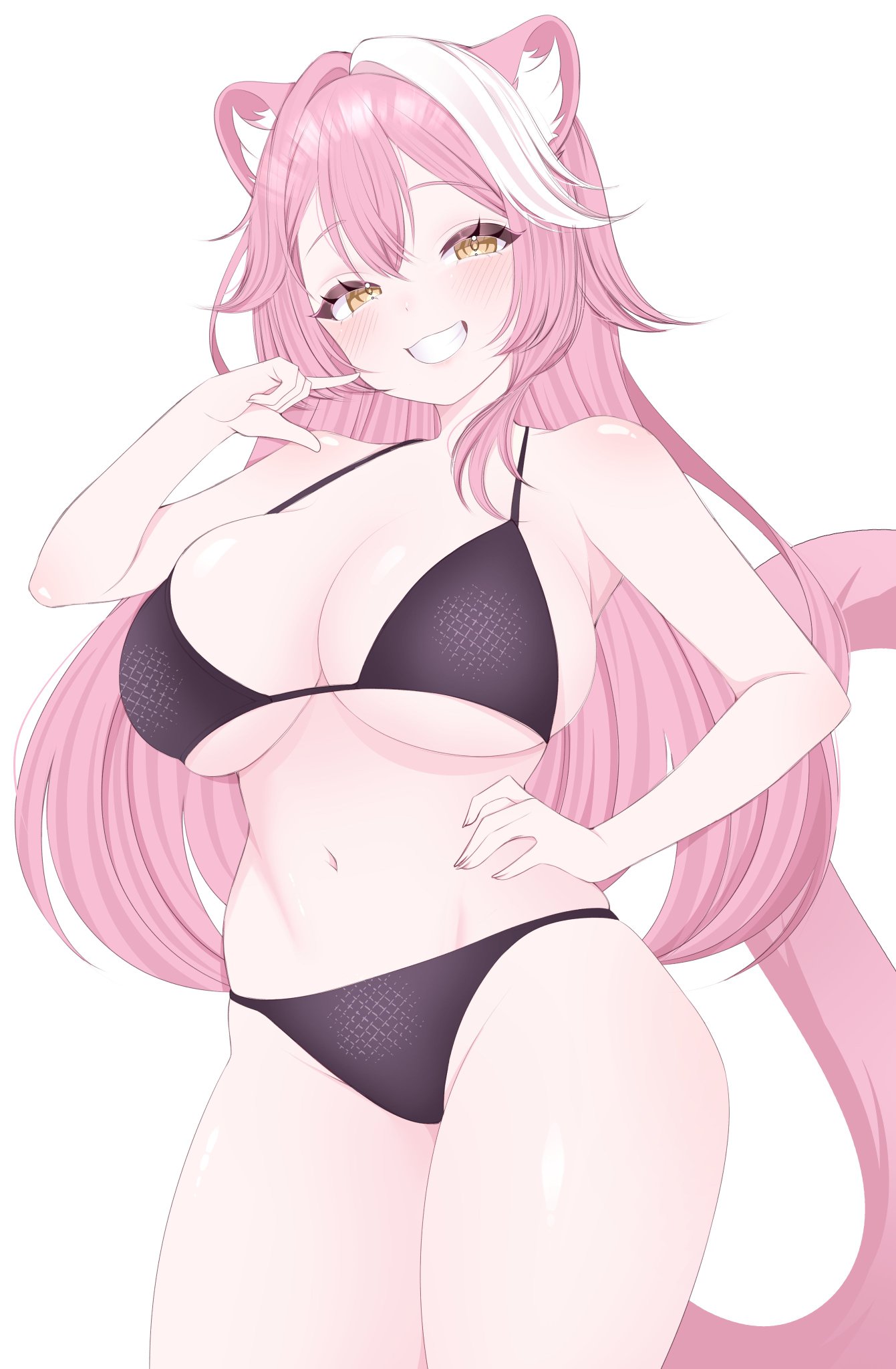 mintikmeow, raora panthera, hololive, hololive english, hashtag-only commentary, highres, 1girl, animal ears, bare shoulders, black bra, black panties, blush, bra, breasts, grin, hand on own hip, large breasts, looking at viewer, multicolored hair, navel, panther ears, panther girl, panther tail, panties, pink hair, smile, solo, streaked hair, tail, underwear, white hair, yellow eyes