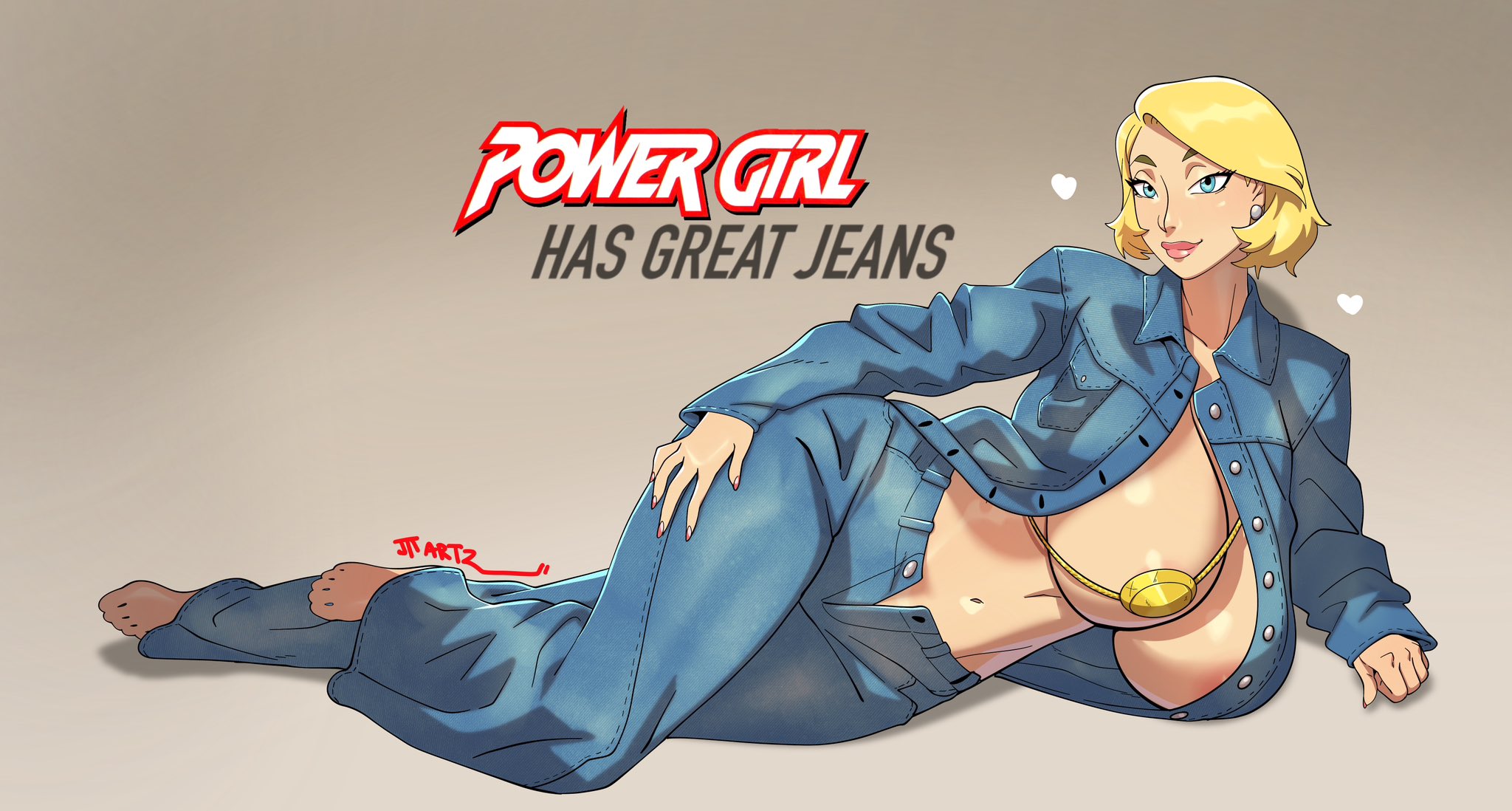jtt artz, power girl, dc comics, highres, 1girl, alternate costume, barefoot, bikini, blonde hair, blue eyes, blue jacket, blue pants, breasts, character name, denim, denim jacket, english text, gold bikini, heart, huge breasts, jacket, jeans, looking at viewer, lying, micro bikini, navel, on side, open clothes, open jacket, pants, short hair, solo, swimsuit