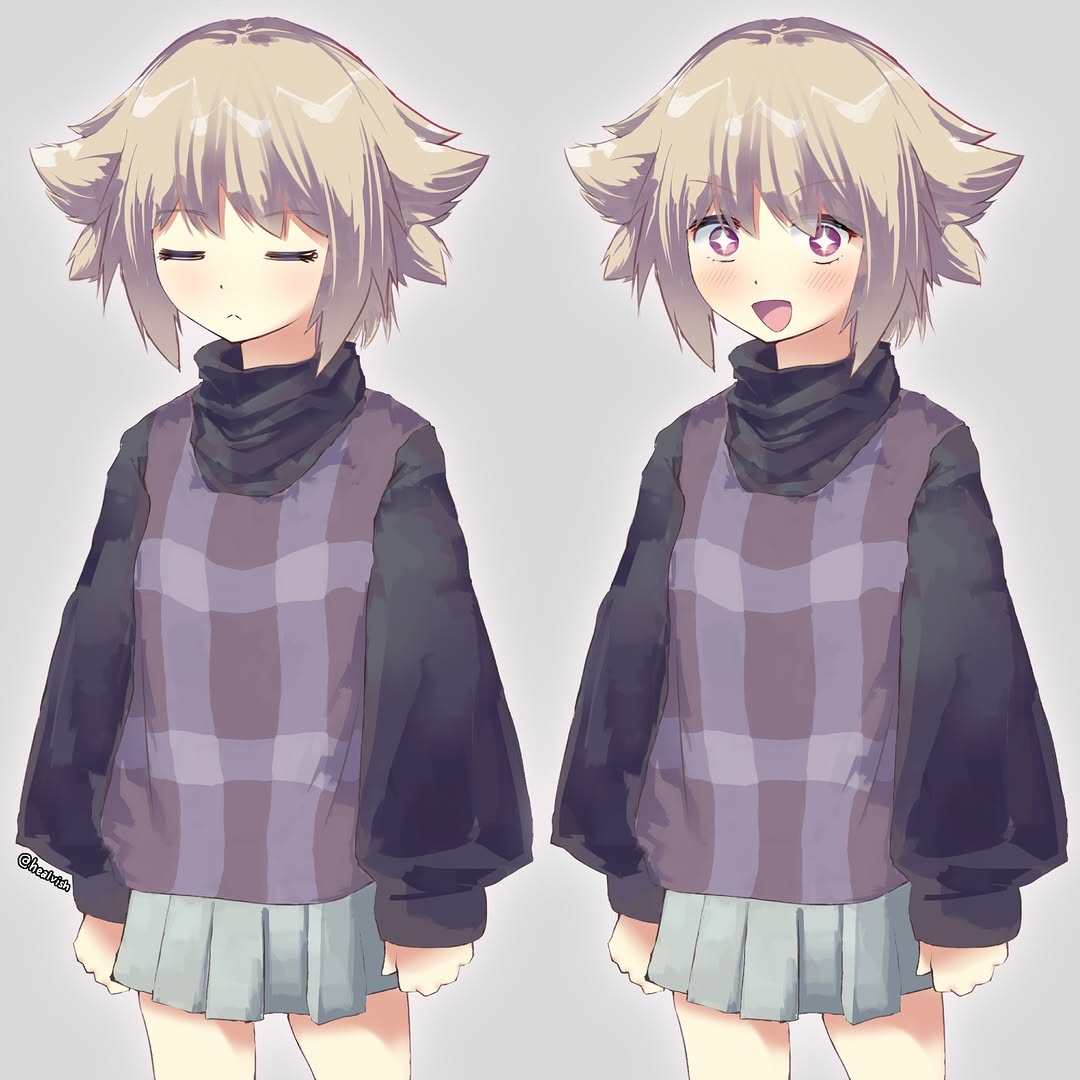 urotsuki, yume 2kki, 1girl, :<, :d, black sweater, blonde hair, closed eyes, cowboy shot, dot nose, grey background, hair flaps, healvish, instagram username, light blush, long sleeves, looking at viewer, multiple views, open mouth, plaid clothes, plaid sweater vest, purple eyes, purple sweater vest, short hair, sidelocks, simple background, smile, solo, sparkling eyes, sweater, sweater vest, turtleneck, turtleneck sweater