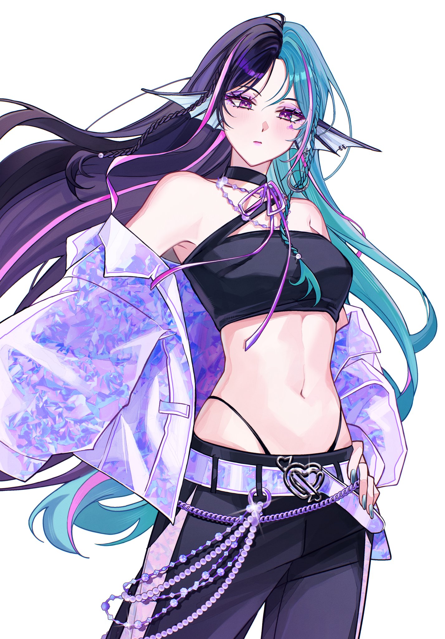 hhab thembede, finana ryugu, nijisanji, nijisanji en, hashtag-only commentary, highres, 1girl, aqua hair, armpits, bare shoulders, black hair, blush, braid, breasts, cowboy shot, expressionless, fins, glint, head fins, jacket, jewelry, linea alba, long hair, looking at viewer, medium breasts, navel, necklace, off shoulder, panty straps, purple eyes, purple hair, simple background, solo, stomach, virtual youtuber, white background