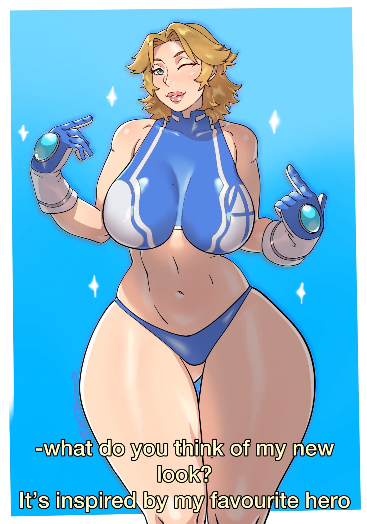 jtt artz, hagakure toru, sue storm, boku no hero academia, marvel, marvel rivals, highres, 1girl, alternate costume, blonde hair, blue background, blue eyes, blue panties, blue shirt, breasts, cosplay, english text, hagakure toru (cosplay), large breasts, looking at viewer, navel, one eye closed, outside border, panties, shirt, short hair, sleeveless, sleeveless shirt, solo, underwear