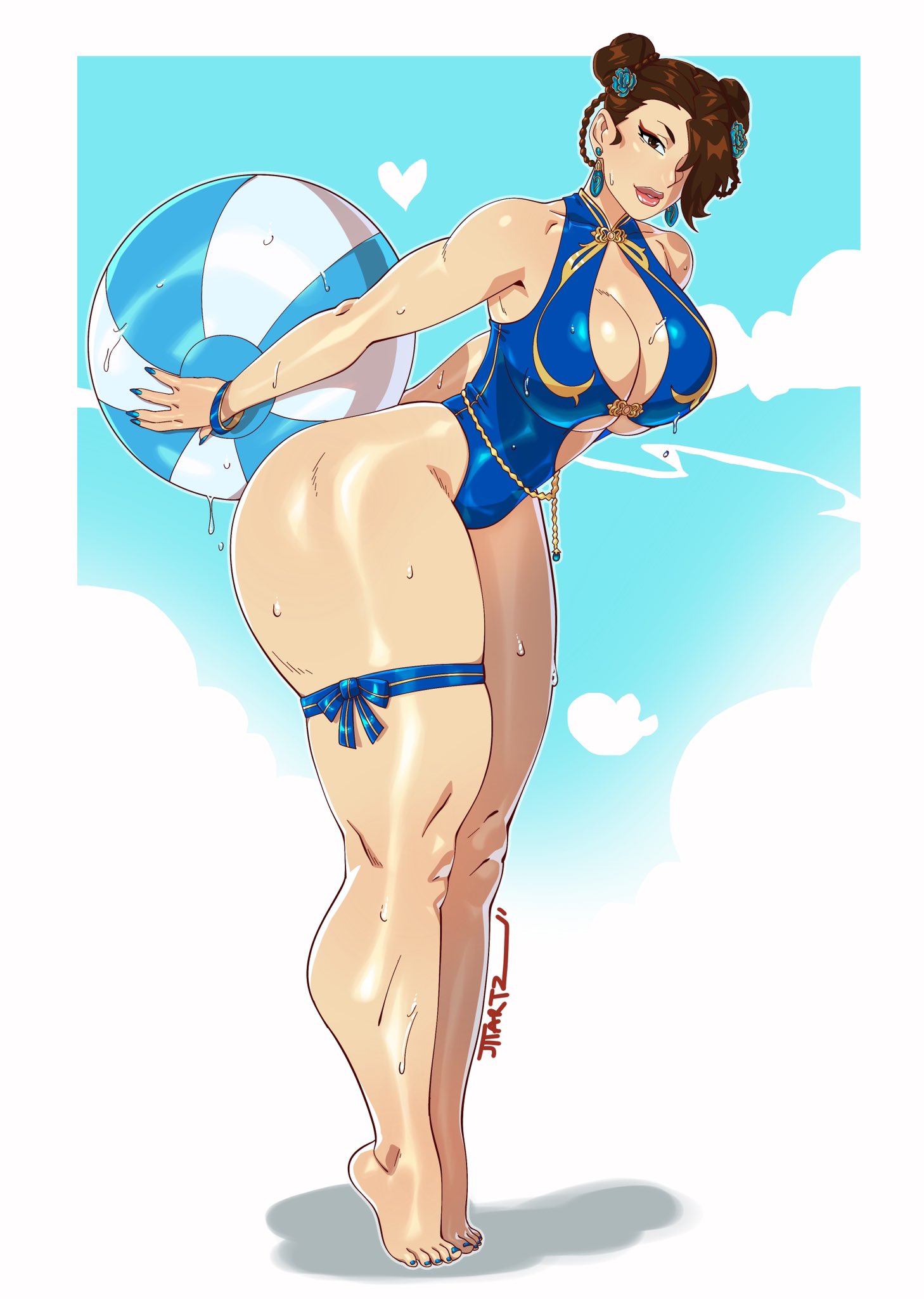 jtt artz, chun-li, capcom, street fighter, highres, 1girl, alternate costume, ball, beachball, blue one-piece swimsuit, breasts, brown eyes, brown hair, cleavage, double bun, earrings, full body, hair bun, jewelry, large breasts, looking at viewer, one-piece swimsuit, short hair, solo, swimsuit, thick thighs, thigh strap, thighs, tiptoes