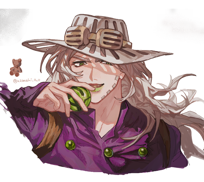 uzuki uzu, gyro zeppeli, jojo no kimyou na bouken, steel ball run, commentary request, 1boy, ball, beard, cowboy hat, facial hair, goggles, goggles on headwear, gold teeth, green eyes, green lips, grey hair, grey hat, hat, high collar, holding, holding ball, long hair, long sleeves, looking at viewer, makeup, male focus, open mouth, purple shirt, shirt, simple background, smile, solo, steel ball (jojo), stuffed animal, stuffed toy, teddy bear, twitter username, white background