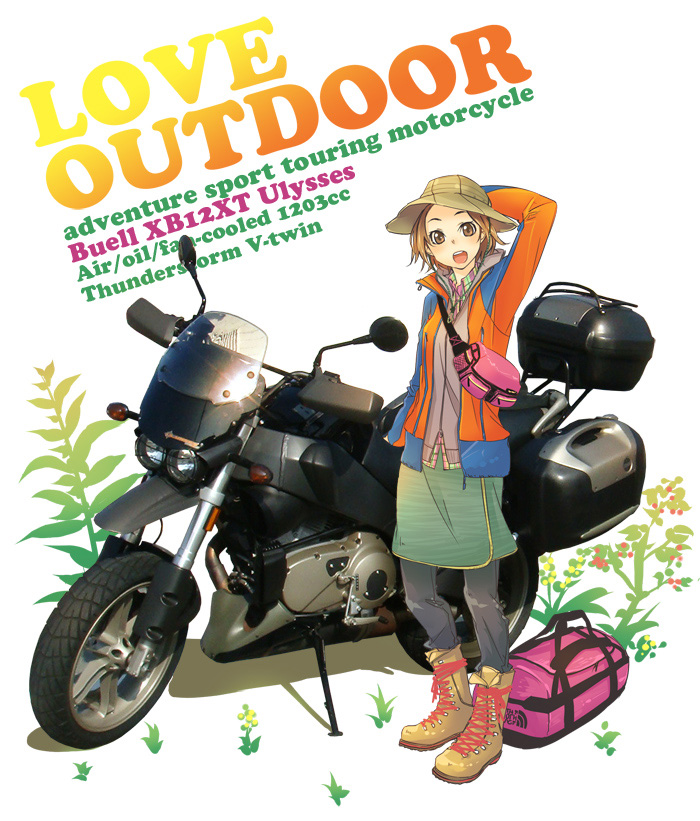 sasetsu, original, vehicle, bag, boots, brown eyes, brown hair, casual, hat, motor vehicle, motorcycle, short hair, solo