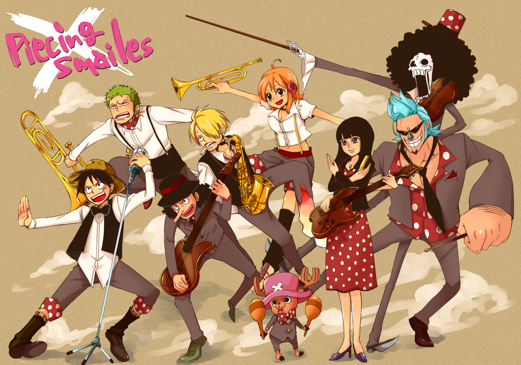 chako nejio, brook (one piece), franky (one piece), monkey d. luffy, nami (one piece), nico robin, roronoa zoro, sanji (one piece), tony tony chopper, usopp, one piece, bad id, bad pixiv id, highres, 2girls, 6+boys, afro, animal, antlers, artistic error, band (music), bandana, bass guitar, black hair, blonde hair, blue hair, bow, bowtie, bugle, cigarette, dots, dress, earrings, english text, engrish text, everyone, flower, green hair, guitar, hair flower, hair ornament, hat, high heels, horns, instrument, jewelry, jumping, maracas, microphone, microphone stand, multiple boys, multiple girls, necktie, pink hat, polka dot, ranguage, red hair, reindeer, saxophone, scar, shoes, shorts, skeleton, smoking, standing, straw hat, sunglasses, suspenders, thighhighs, top hat, trombone, trumpet, vest, violin