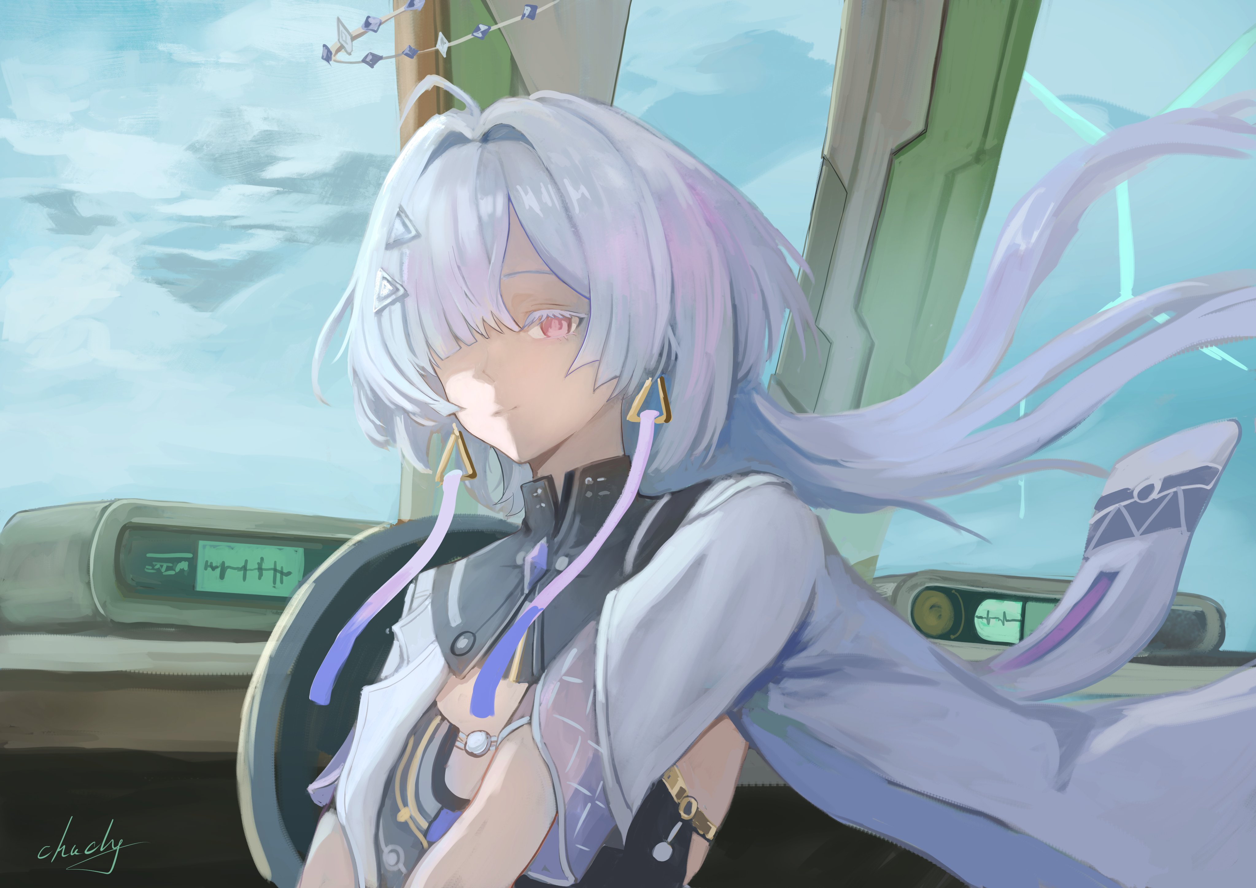 chucky (chucky1000sun), mornye (wuthering waves), wuthering waves, absurdres, commentary request, highres, 1girl, colored eyelashes, earrings, grey hair, hair ornament, hair over one eye, halo, jacket, jewelry, long hair, looking at viewer, red eyes, signature, smile, solo, triangle earrings, upper body, white jacket