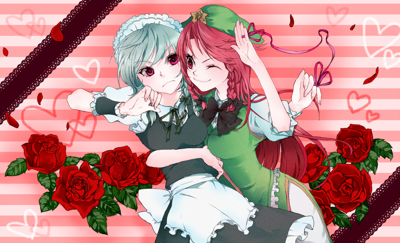 katayama kei, hong meiling, izayoi sakuya, embodiment of scarlet devil, touhou, silver hair, 2girls, braid, china dress, chinese clothes, dress, female focus, flower, hat, long hair, maid, multiple girls, plant, red eyes, red hair, rose, short hair, string, string of fate, twin braids, yuri