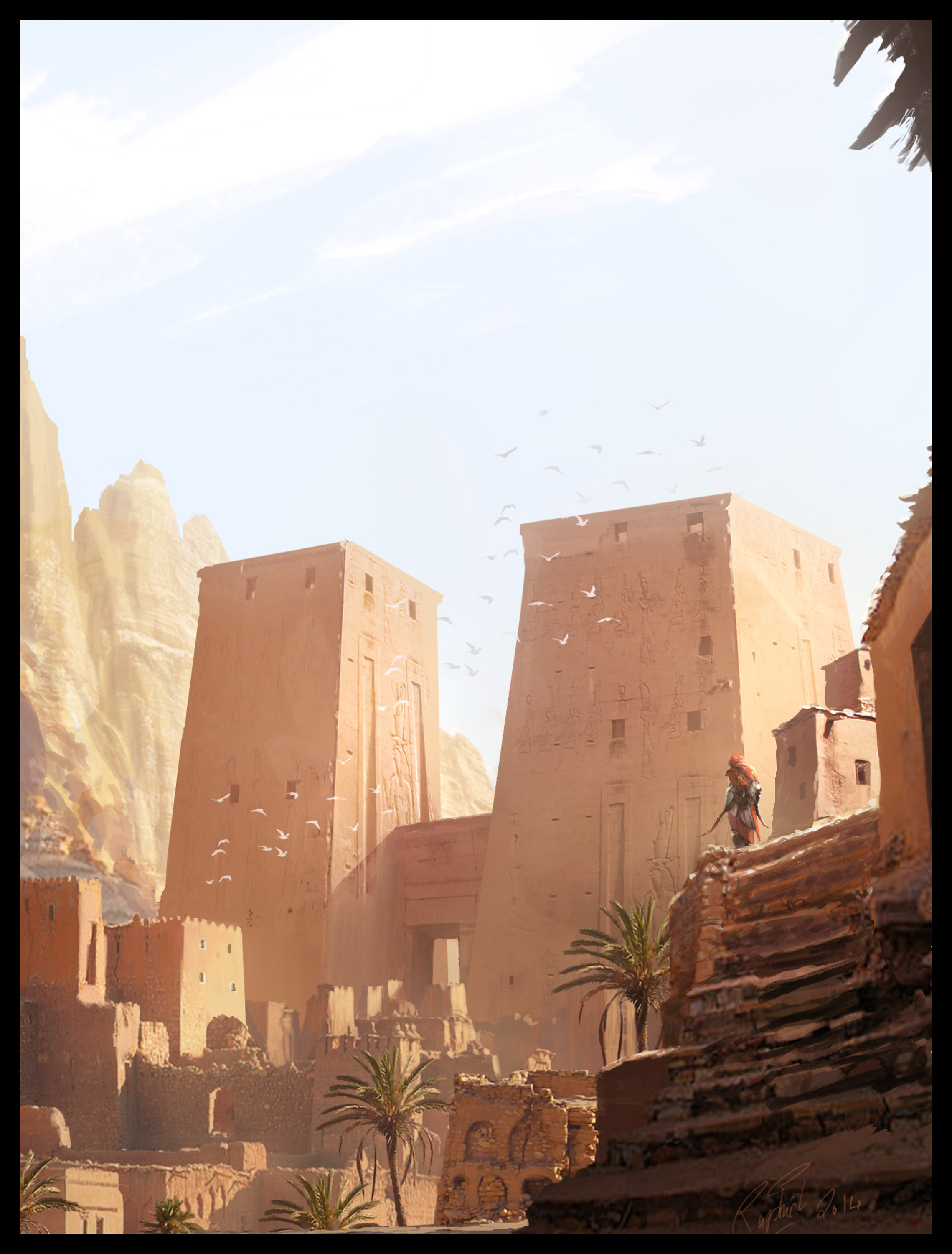 raphael-lacoste, assassin's creed: origins, assassin's creed (series), absurdres, commentary, english commentary, highres, 2others, ancient egyptian, blue sky, canyon, day, flock, from behind, monument, multiple others, outdoors, painterly, palm tree, red hood, sandstone, scenery, signature, sky, stairs, sunlight, tree, village