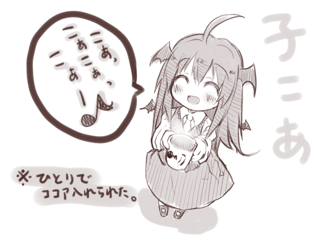 rondo umigame, cocoa, koakuma, embodiment of scarlet devil, touhou, translated, 1girl, :d, ^ ^, aged down, ahoge, bat wings, blush, chibi, closed eyes, cup, female focus, from above, greyscale, happy, head wings, hot chocolate, koa (phrase), long hair, monochrome, mug, musical note, necktie, open mouth, pun, sketch, smile, solo, speech bubble, steam, vest, wings