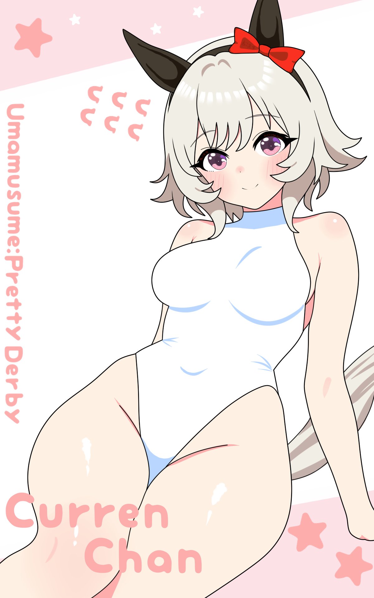 nekosensei, curren chan (umamusume), umamusume, umamusume: road to the top, commentary request, highres, 1girl, animal ears, arm rest, arm support, armpit crease, bare shoulders, blush, bow, breasts, covered navel, ear bow, ear covers, grey hair, hair between eyes, heattech leotard, highleg, highleg leotard, horse ears, horse girl, horse tail, legs together, leotard, looking at viewer, purple eyes, red bow, short hair, simple background, sleeveless, sleeveless turtleneck, smile, solo, tail, taut leotard, thighs, turtleneck, white background, white leotard