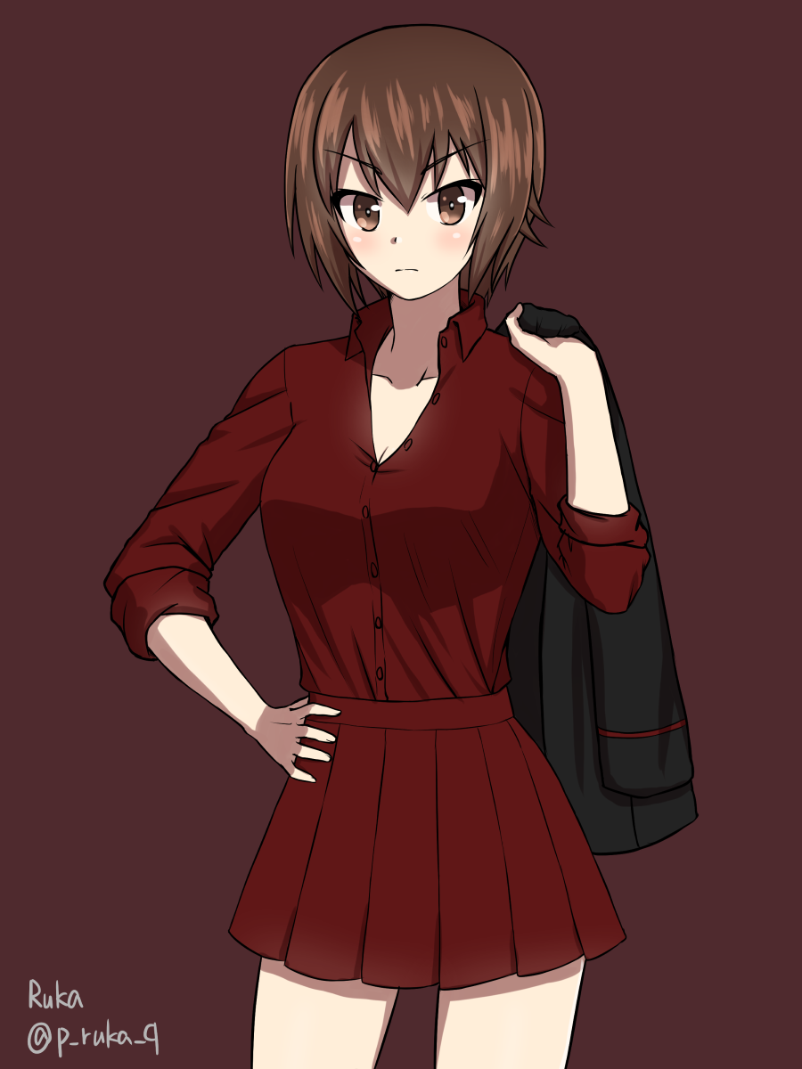 ruka (piyopiyopu), nishizumi maho, girls und panzer, commentary request, highres, 1girl, artist name, breasts, brown eyes, brown hair, hand on own hip, holding, holding jacket, holding unworn clothes, jacket, jacket on shoulders, kuromorimine military uniform, large breasts, looking at viewer, military, military jacket, military uniform, miniskirt, partially unbuttoned, pixiv username, pleated skirt, red background, red shirt, red skirt, shirt, short hair, simple background, skirt, solo, unworn jacket, upper body