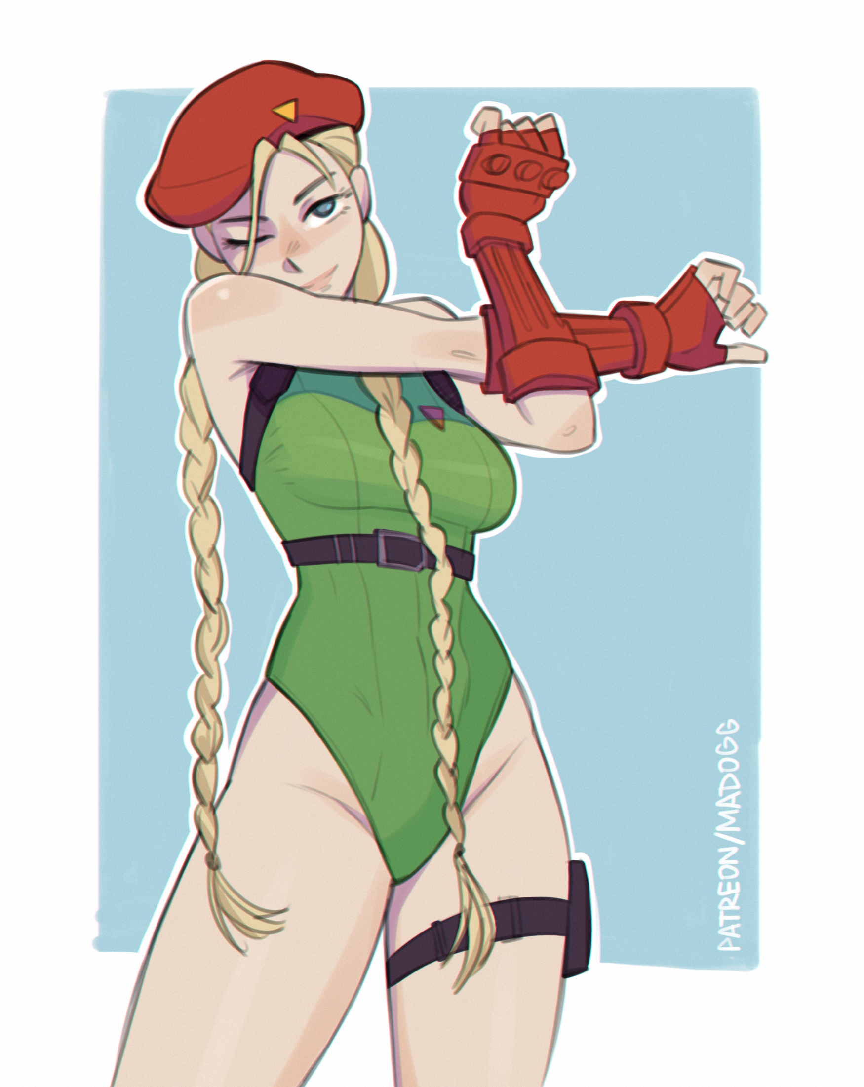 madogg, cammy white, street fighter, commentary, highres, 1girl, belt, beret, black belt, blonde hair, blue background, blue eyes, border, braid, braided twintails, breasts, chest harness, cowboy shot, cross-body stretch, fingerless gloves, gloves, green leotard, groin, harness, hat, high belt, highleg, highleg leotard, holster, legs apart, leotard, long hair, medium breasts, narrow waist, one eye closed, patreon username, red gloves, red hat, skin tight, sleeveless, standing, stretching, thick thighs, thigh holster, thighs, white border