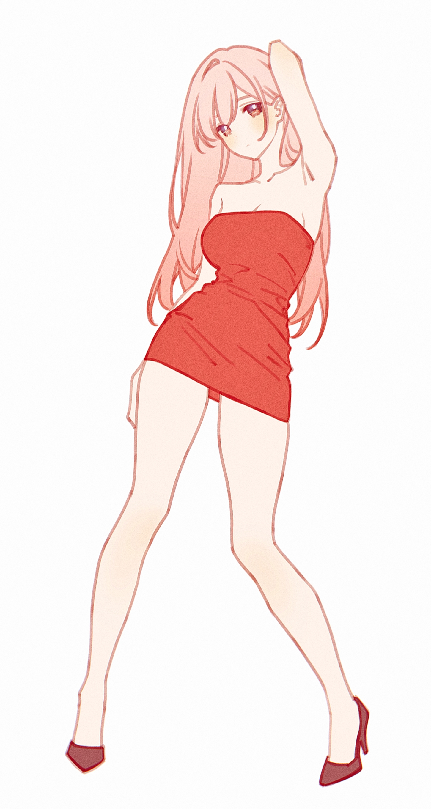 nikki (nikki), infinity nikki, nikki (series), absurdres, chinese commentary, commentary request, highres, 1girl, alternate costume, arm behind head, arm up, armpits, bare arms, bare shoulders, blush, breasts, cleavage, closed mouth, collarbone, contrapposto, dress, full body, high heels, long hair, looking at viewer, pink hair, pressplus, red dress, red eyes, short dress, simple background, solo, standing, strapless, strapless dress, white background