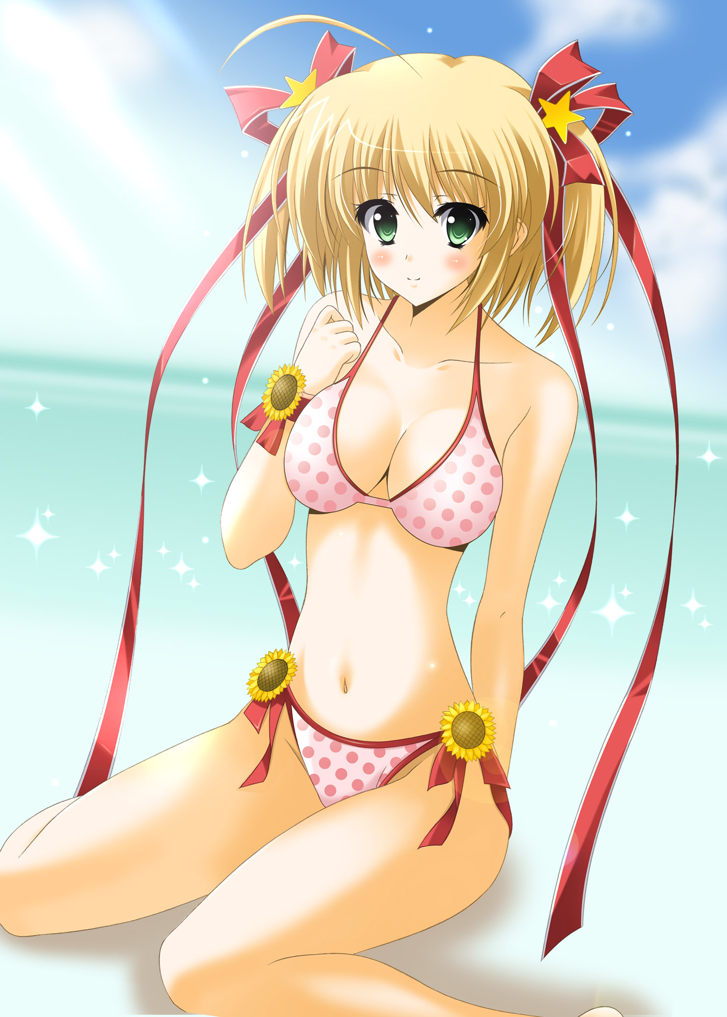 oda ken'ichi, kamikita komari, little busters!, highres, 1girl, beach, bikini, blonde hair, blush, day, female focus, green eyes, hair ribbon, ribbon, sitting, smile, solo, swimsuit