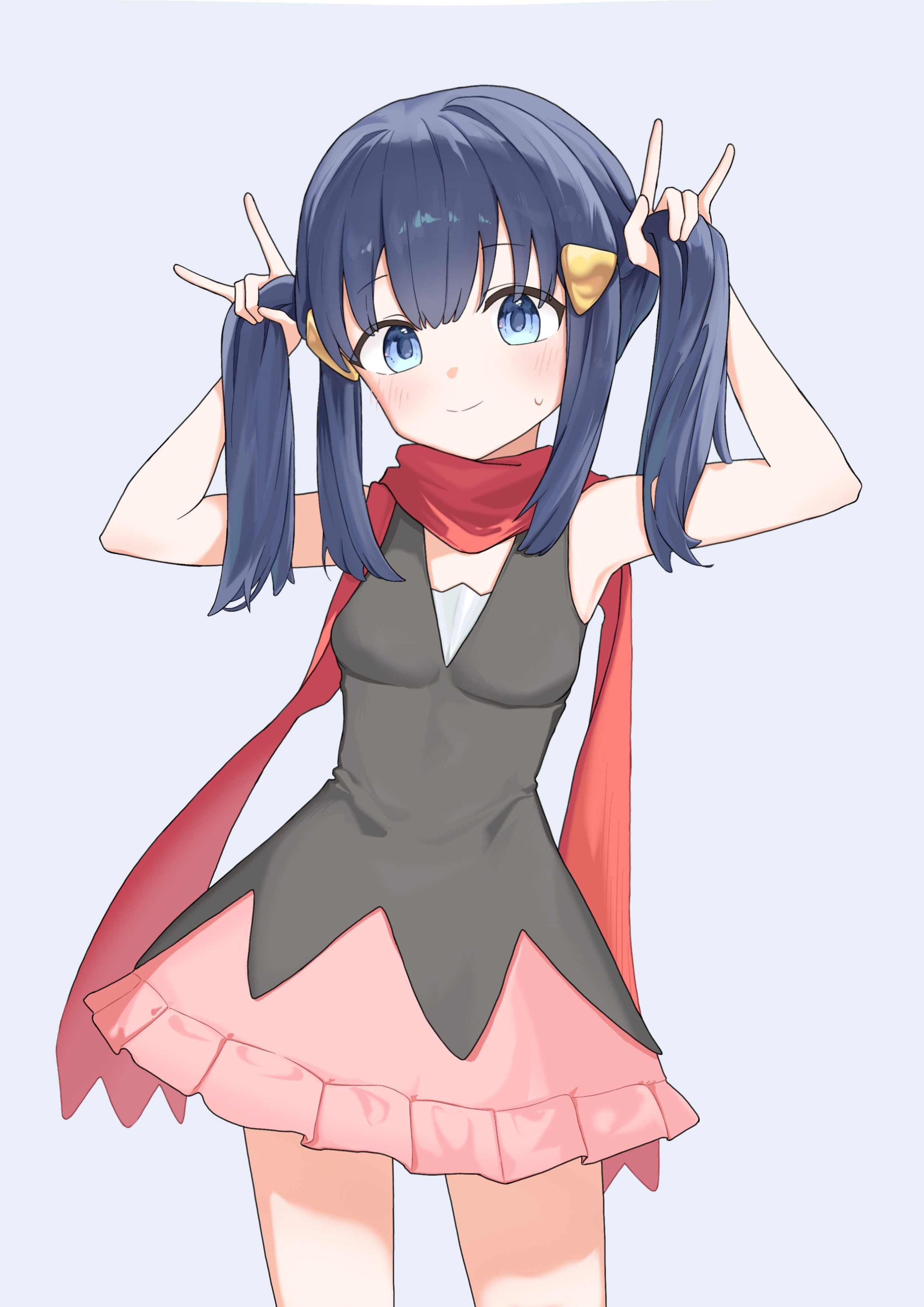 kachi 5057, dawn (pokemon), nintendo, pokemon, pokemon dppt, absurdres, commentary request, highres, 1girl, n/, adjusting hair, black shirt, blue eyes, blue hair, blush, breasts, cowboy shot, grey background, hair ornament, miniskirt, pink skirt, red scarf, scarf, shirt, simple background, skirt, small breasts, solo, standing, sweatdrop, twintails, twintails day
