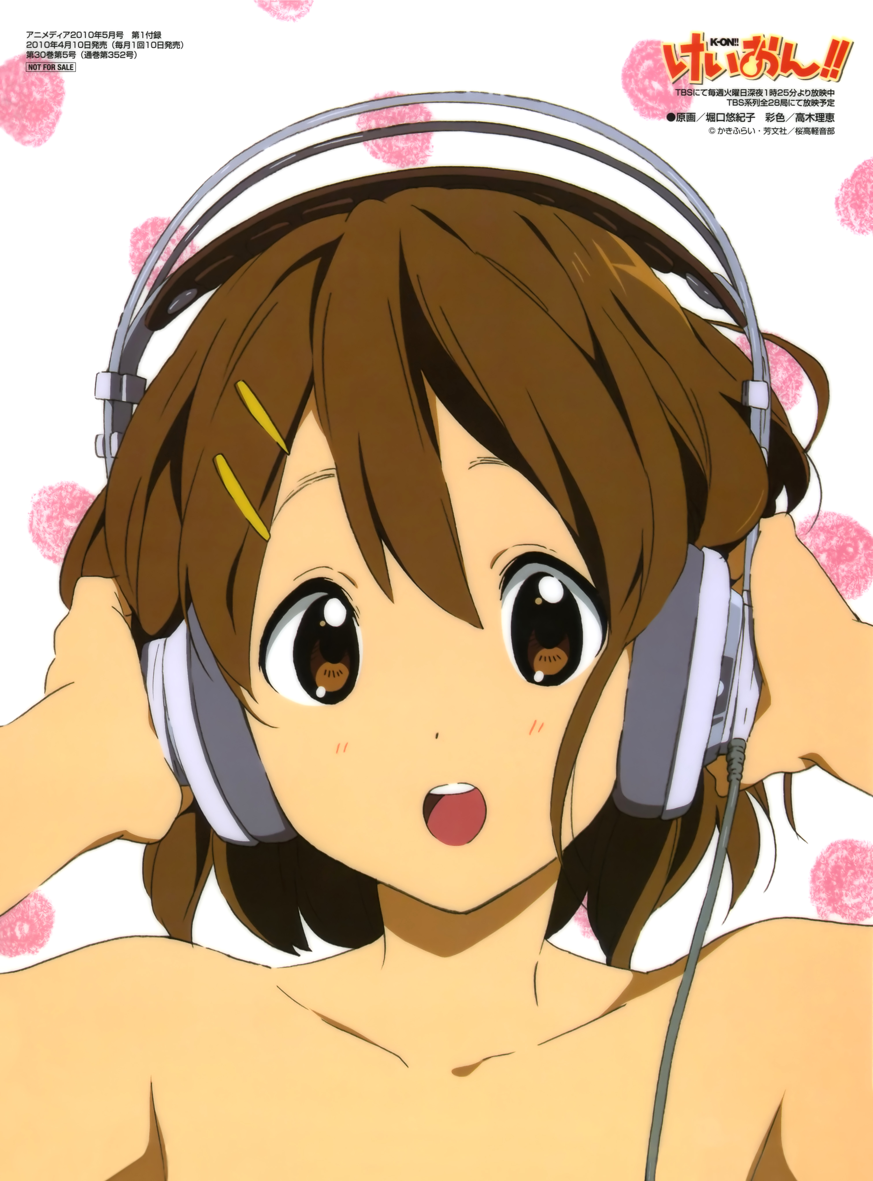 horiguchi yukiko, hirasawa yui, akg, k-on!, absurdres, highres, official art, 1girl, akg k-series headphones, completely nude, copyright name, female focus, hair between eyes, headphones, nude, solo, topless frame