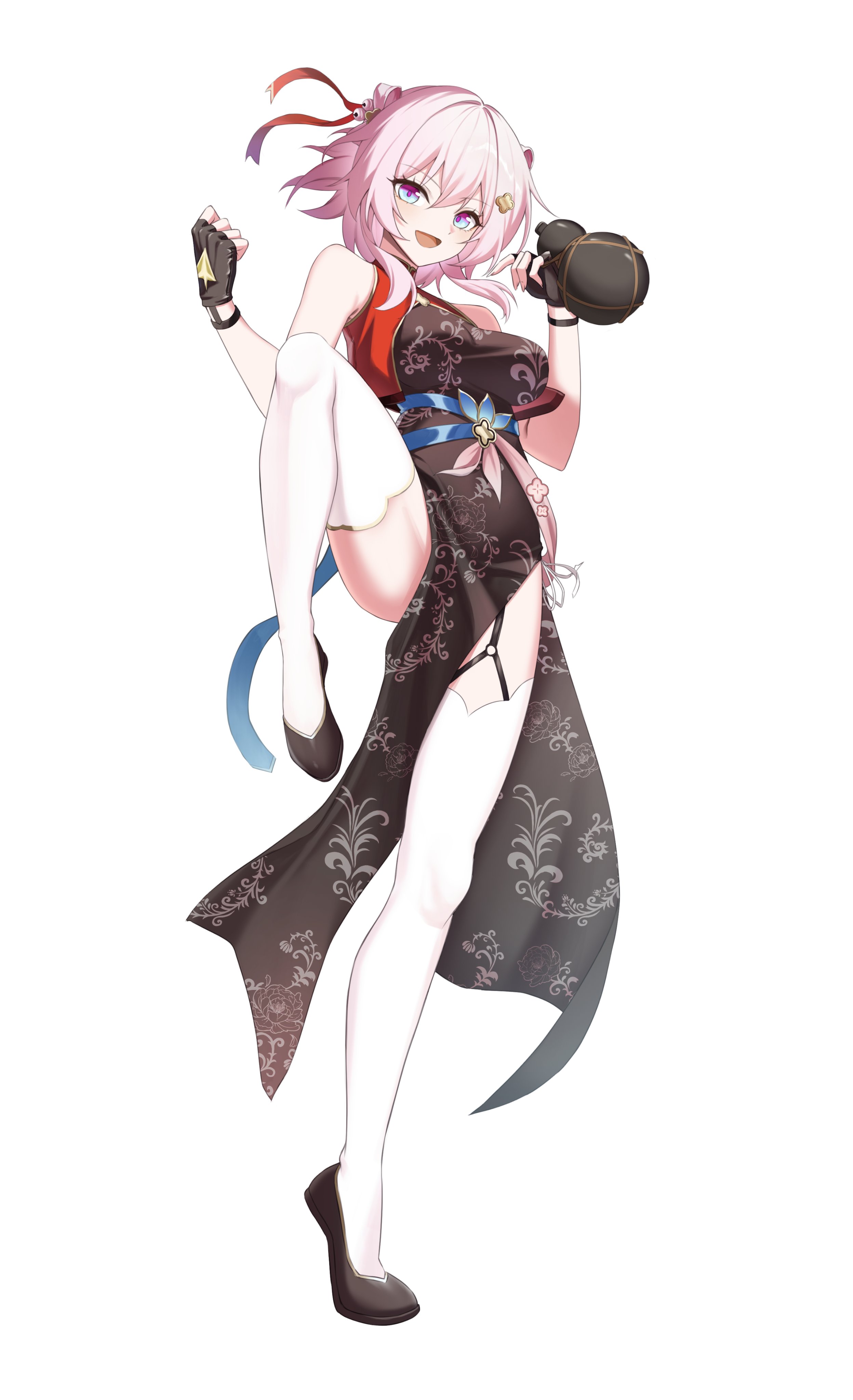 yt9676, march 7th (honkai: star rail), honkai: star rail, honkai (series), absurdres, highres, 1girl, bare shoulders, bell, black dress, black gloves, black shoes, blue eyes, breasts, china dress, chinese clothes, dress, fingerless gloves, flats, full body, garter straps, gloves, gourd, gradient eyes, hair ornament, holding, holding gourd, jingle bell, leg up, looking at viewer, medium breasts, medium hair, multicolored eyes, open mouth, pelvic curtain, pink hair, shoes, sleeveless, sleeveless dress, smile, solo, thighhighs, white thighhighs