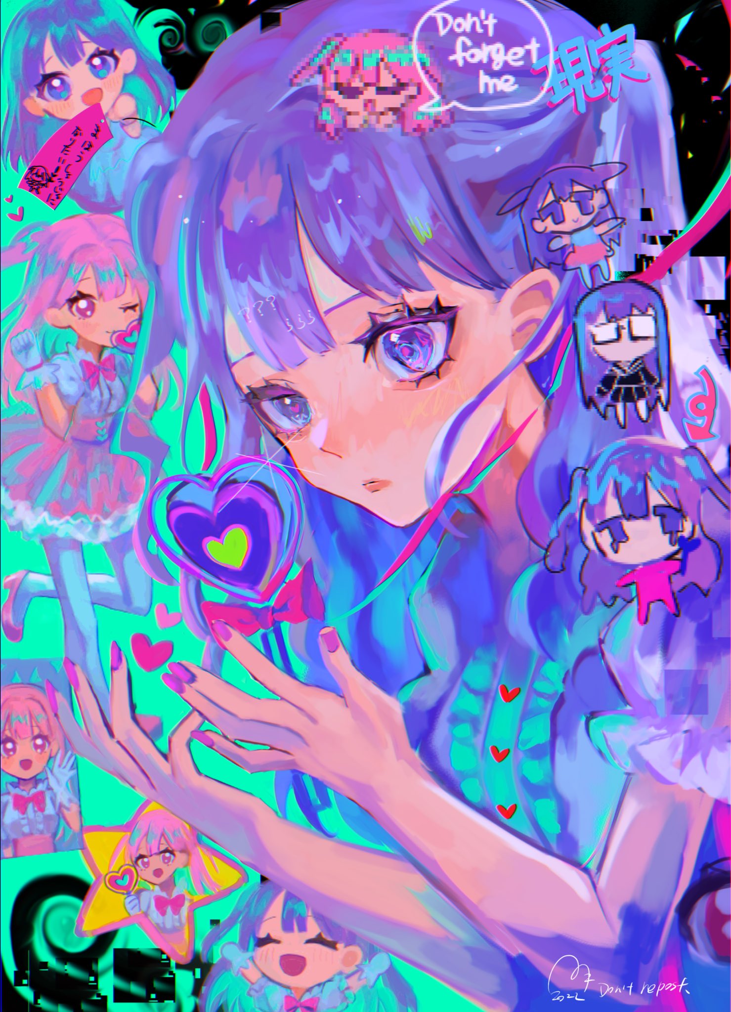 usagimarumei, character request, copyright request, highres, blue eyes, chibi, chibi inset, english text, eyelashes, heart, lips, multiple girls, pink eyes, pink hair, purple hair, skirt, speech bubble, star (symbol), wand