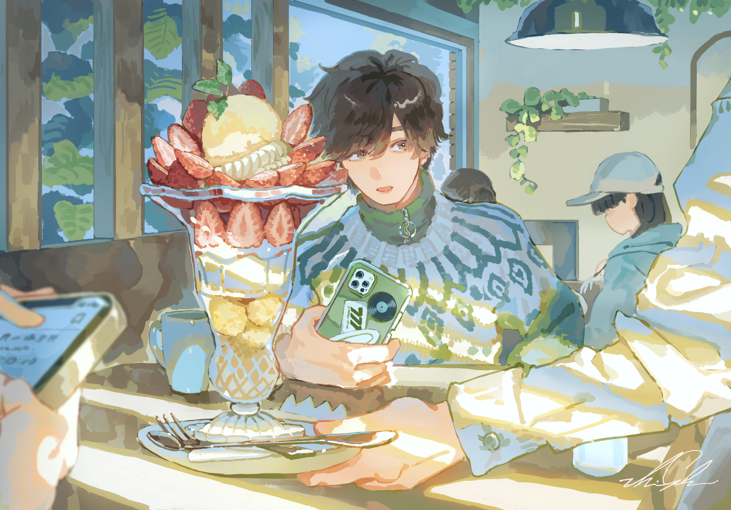 shigre, original, commentary request, highres, 1boy, cafeteria, cream, cup, dessert, food, fruit, holding, holding phone, ice cream, lamp, looking at another, male focus, parfait, people, phone, plant, spoon, strawberry, strawberry parfait, sweater, waiter, whipped cream
