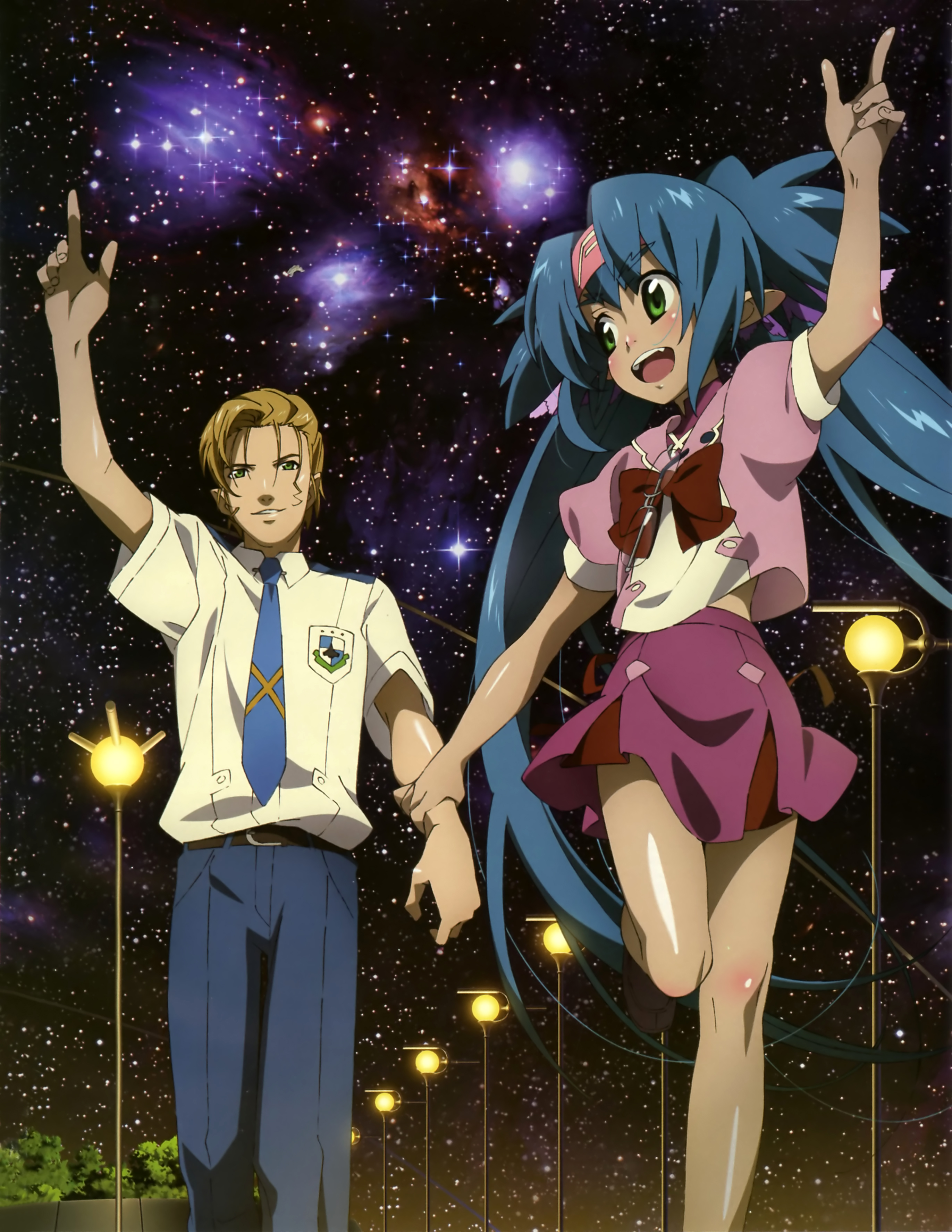 klan klein, meltrandi, mikhail buran, zentradi, macross, macross frontier, absurdres, highres, child, glasses, green eyes, open mouth, pointing, school uniform, skirt, space, twintails