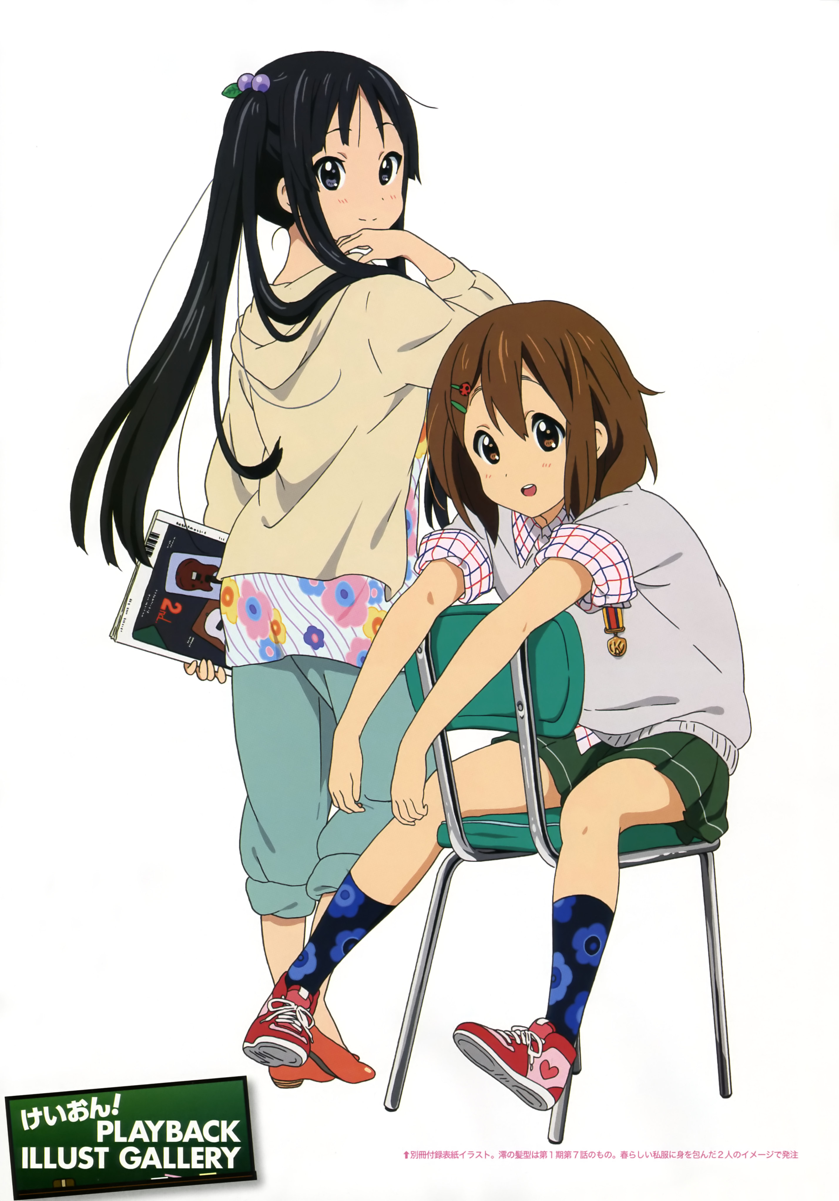 kadowaki miku, akiyama mio, hirasawa yui, k-on!, absurdres, highres, non-web source, official art, 2girls, black eyes, black hair, brown eyes, brown hair, casual, hair bobbles, hair ornament, legs, long hair, multiple girls, shoes, short hair, sneakers, socks, very long hair