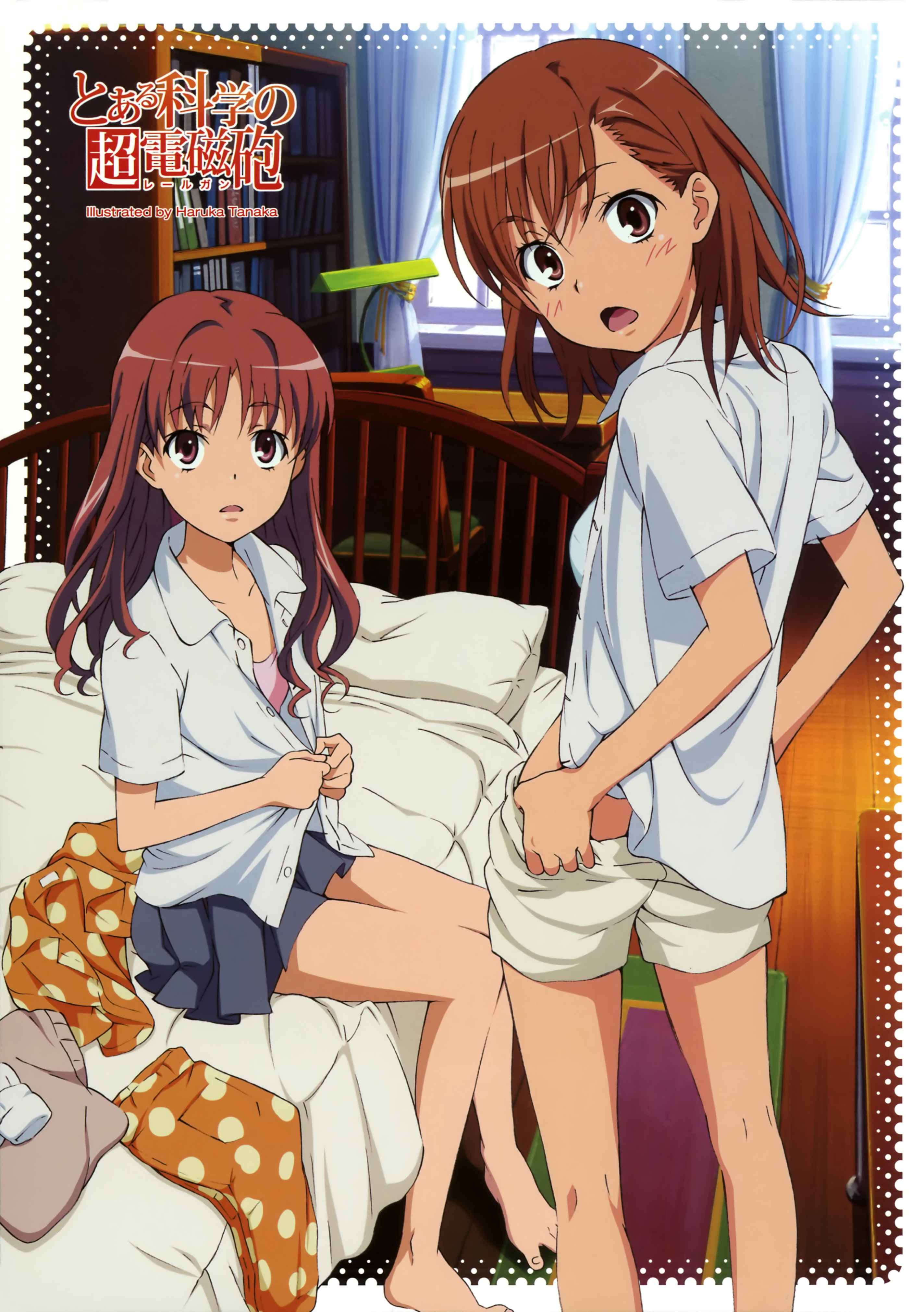 tanaka haruka, misaka mikoto, shirai kuroko, toaru kagaku no railgun, toaru majutsu no index, absurdres, highres, non-web source, official art, 2girls, barefoot, bra, brown eyes, brown hair, flat chest, lingerie, long hair, multiple girls, open mouth, short hair, underwear, undressing