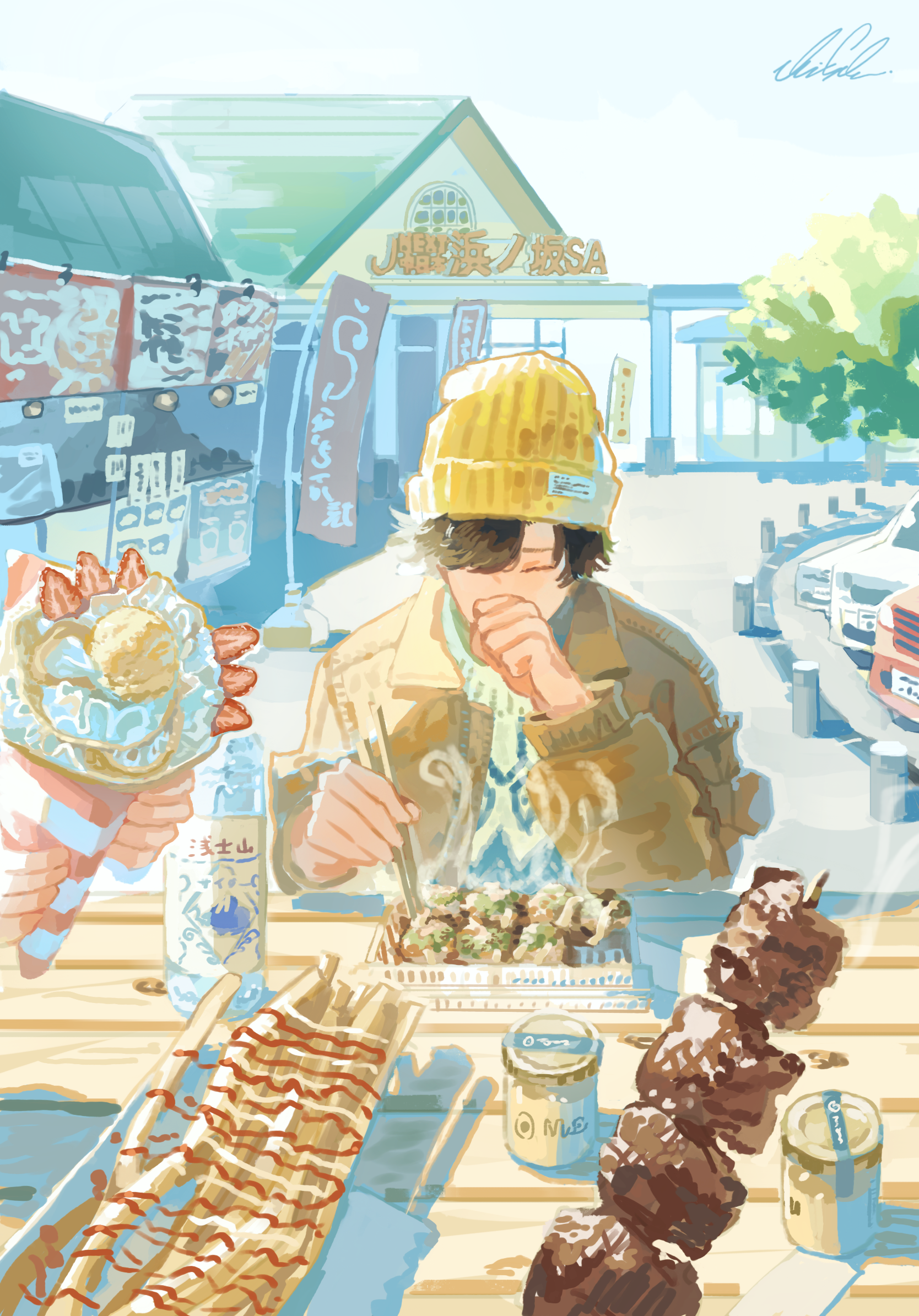 shigre, original, commentary request, highres, 1boy, beanie, black hair, bottle, car, chopsticks, food, food stand, hat, holding, holding chopsticks, jacket, male focus, motor vehicle, parfait, shop, skewer, steaming food, sweater, table, takoyaki, tree, water bottle