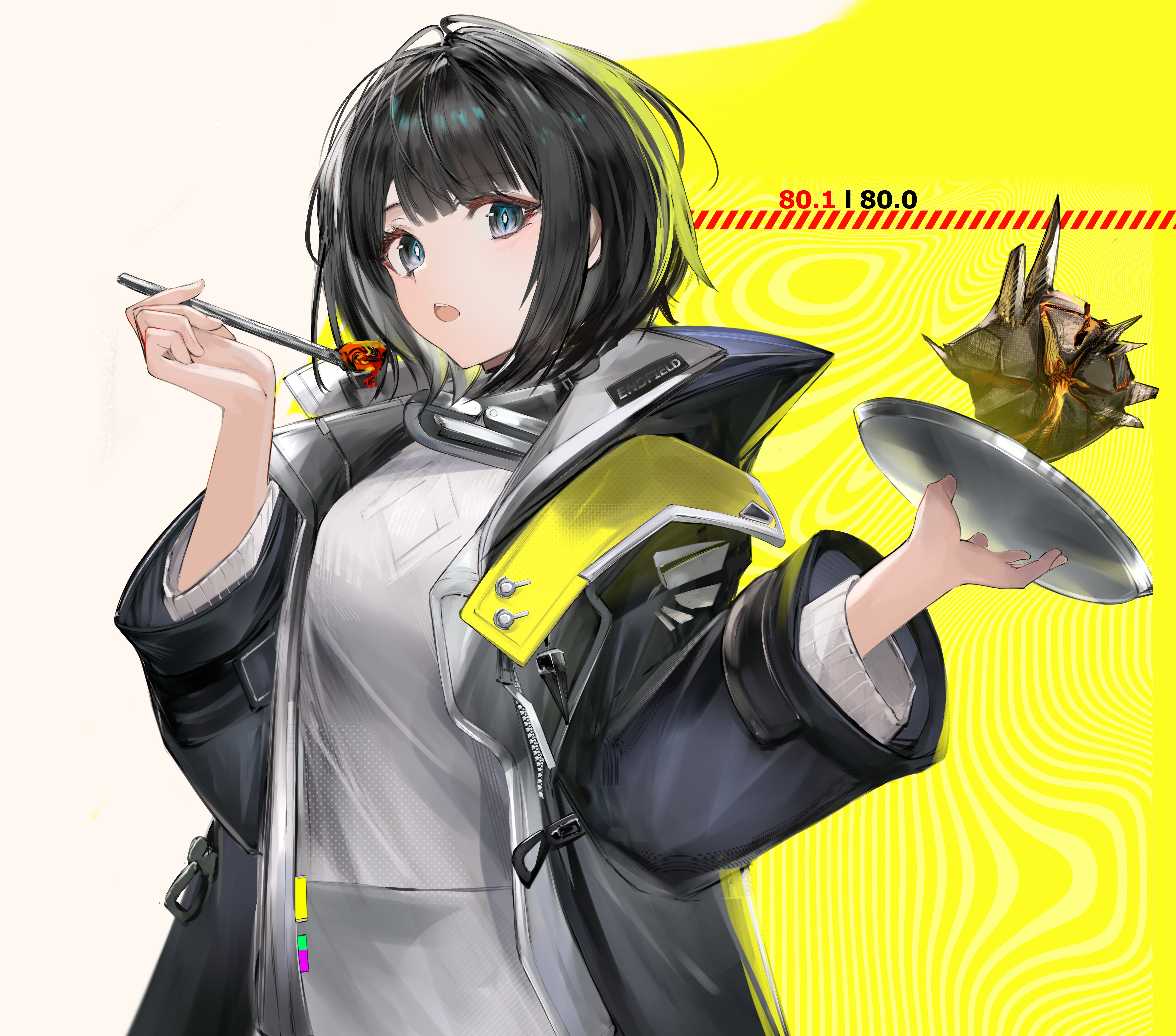 eugle na, endministrator (arknights), female endministrator (arknights), originium slug (arknights), arknights, arknights: endfield, absurdres, commentary, highres, 1girl, black coat, black hair, coat, grey eyes, grey sweater, holding, holding plate, looking at viewer, medium hair, open clothes, open coat, open mouth, plate, solo, sweater, turtleneck, turtleneck sweater, two-tone background, upper body