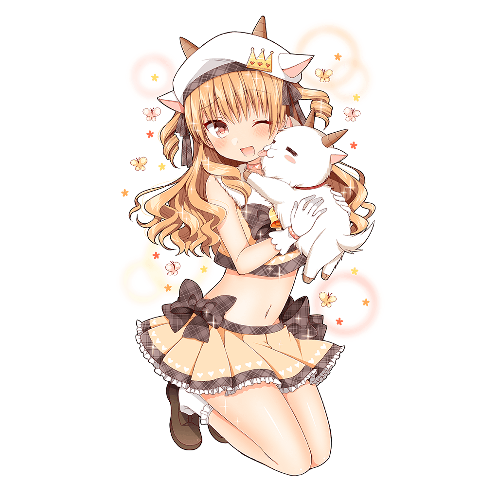 tsukudani norio, robin doubt, uchi no hime-sama ga ichiban kawaii, 1boy, animal, animal hat, bare shoulders, black bow, black bowtie, bow, bowtie, brown hair, brown skirt, crossdressing, crossdressing (mtf), drill hair, fur collar, goat, goat hat, hat, holding, holding animal, licking, licking another's face, long hair, midriff, one eye closed, plaid bow, plaid bowtie, plaid clothes, red eyes, skirt, skirt bow, trap, white hat