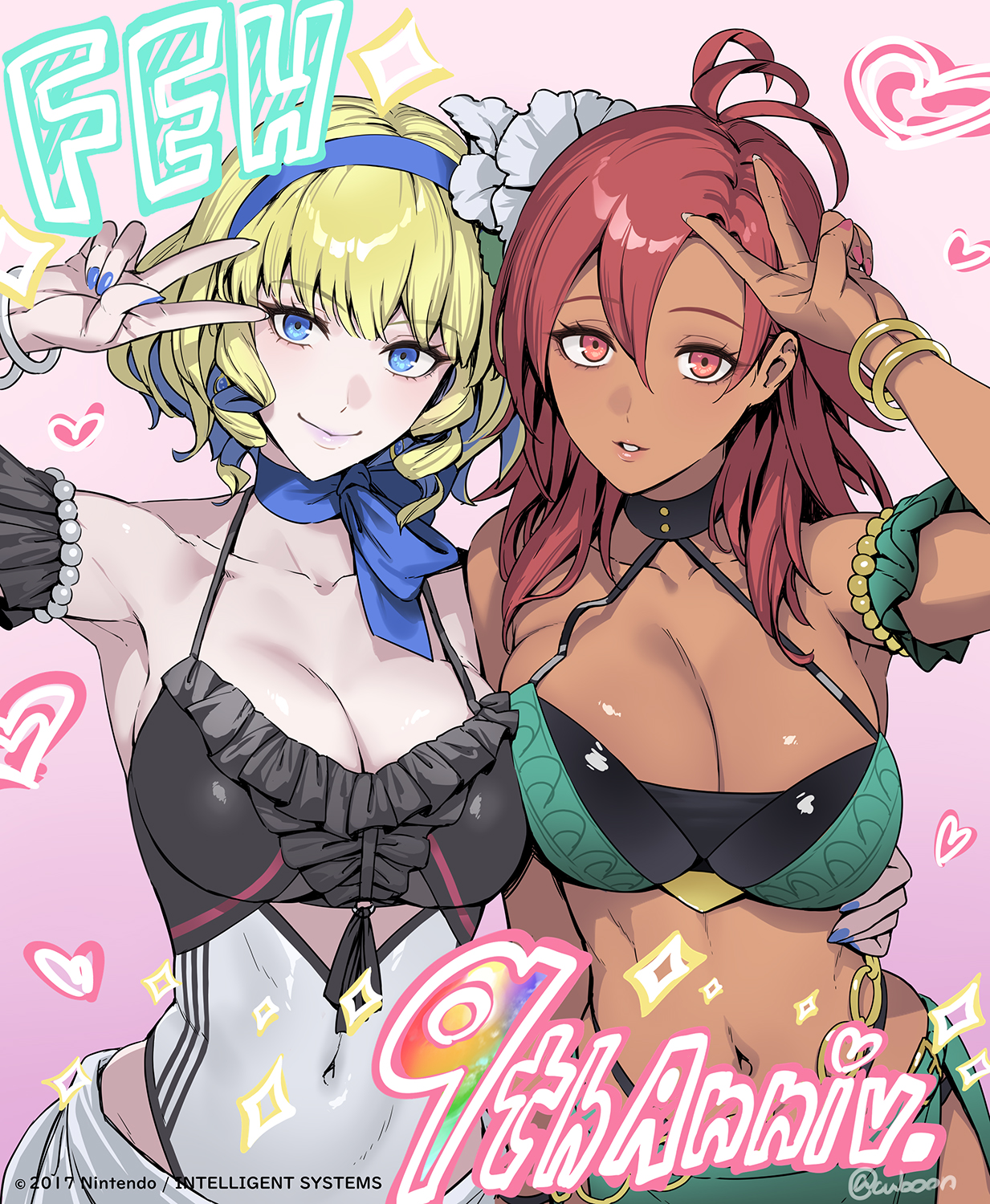 cuboon, constance von nuvelle, hapi (fire emblem), fire emblem, fire emblem: three houses, fire emblem heroes, nintendo, commentary, commentary request, english commentary, highres, official art, ahoge, anniversary, bikini, black bikini, blonde hair, blue eyes, blue headband, blue nails, bracelet, breast on breast, breasts, chain, choker, covered navel, dark-skinned female, dark skin, doodle background, drill hair, fingernails, frilled bikini, frills, gold bracelet, gold chain, gradient background, green bikini, headband, heart, jewelry, large breasts, multicolored hair, nail polish, navel, parted lips, pearl bracelet, pink background, red eyes, red hair, ribbon choker, sparkle, striped clothes, swimsuit, tsurime, two-tone hair, v