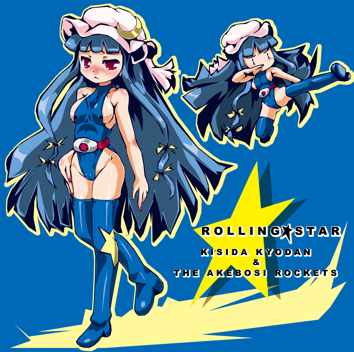 sukiyo, patchouli knowledge, touhou, 1girl, belt, blue hair, breasts, female focus, hat, kicking, leotard, long hair, red eyes, sideboob, solo, thighhighs