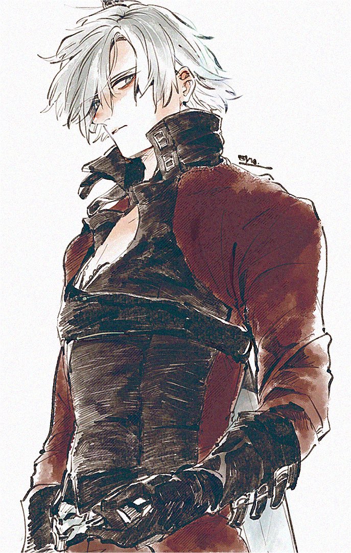 kiguchiko, dante (devil may cry), devil may cry, devil may cry (series), devil may cry 2, commentary, 1boy, black gloves, coat, expressionless, gloves, grey eyes, hair between eyes, male focus, red coat, short hair, simple background, solo, upper body, white background, white hair