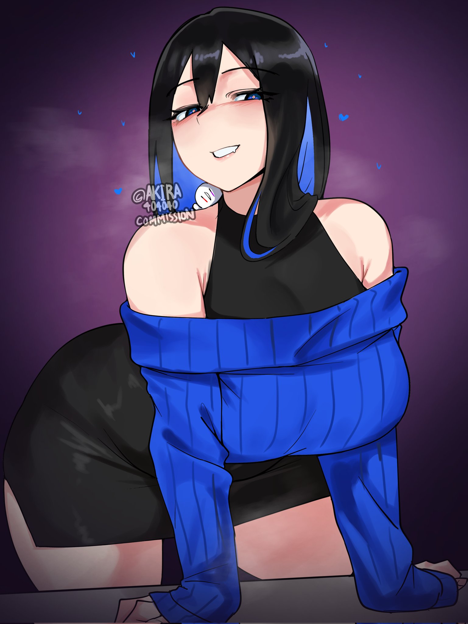 akira (akira404040), original, highres, 1girl, arm support, armpit crease, armpits, aroused, bare shoulders, bent over, black hair, black shirt, black skirt, blue eyes, blue hair, blue sweater, blush, breasts, breath, cleavage, colored inner hair, curvy, drooling, hair between eyes, half-closed eyes, heart, heavy breathing, large breasts, legs, long eyelashes, long hair, long sleeves, looking at viewer, looking to the side, mouth drool, multicolored hair, narrowed eyes, off-shoulder sweater, off shoulder, open mouth, pencil skirt, plump, raised eyebrows, red pupils, ribbed sweater, shirt, side slit, sideways glance, simple background, skirt, smile, solo, standing, steam, steaming body, sweater, teeth, thick eyelashes, thick thighs, thighs, turtleneck, turtleneck shirt, two-tone hair, watermark