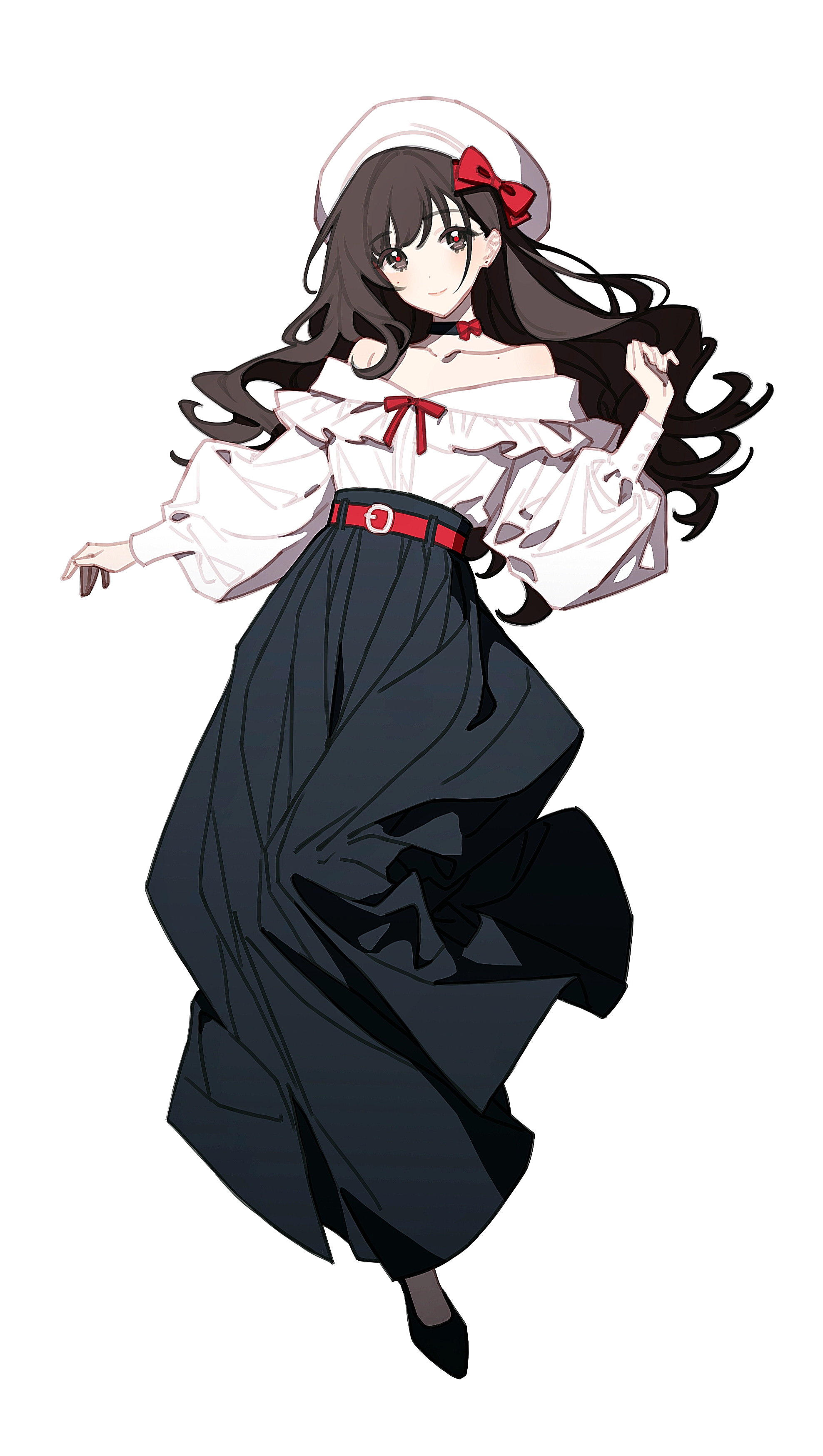 original, absurdres, chinese commentary, commentary request, highres, 1girl, artist self-insert, bare shoulders, belt, beret, black belt, black skirt, bow, breasts, brown eyes, brown hair, choker, closed mouth, collarbone, earrings, full body, hair bow, hat, jewelry, long hair, long skirt, long sleeves, looking at viewer, off-shoulder shirt, off shoulder, pressplus, puffy long sleeves, puffy sleeves, red belt, red bow, red choker, red pupils, shirt, shoes, simple background, skirt, smile, solo, wavy hair, white background, white shirt