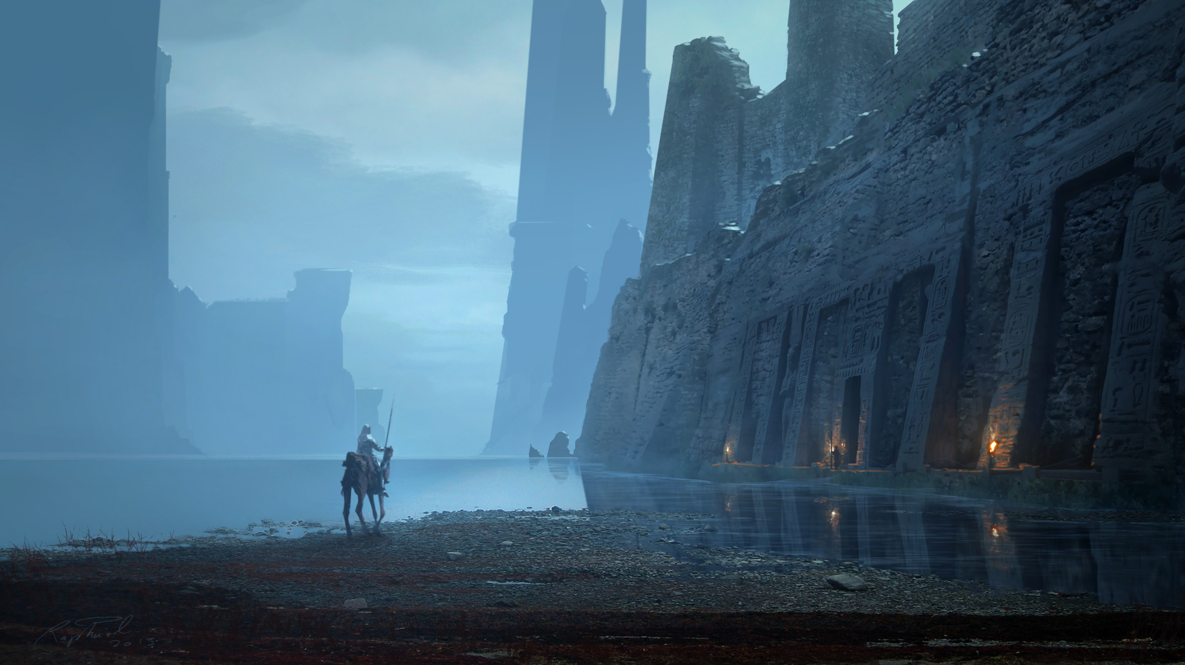 raphael-lacoste, assassin's creed: origins, assassin's creed (series), commentary, english commentary, highres, 1other, ancient egyptian, camel, carving, cloud, cloudy sky, doorway, from behind, lake, landscape, outdoors, painterly, reflection, reflective liquid, riding, riding animal, rock, scenery, shore, sky, torch, tower, water