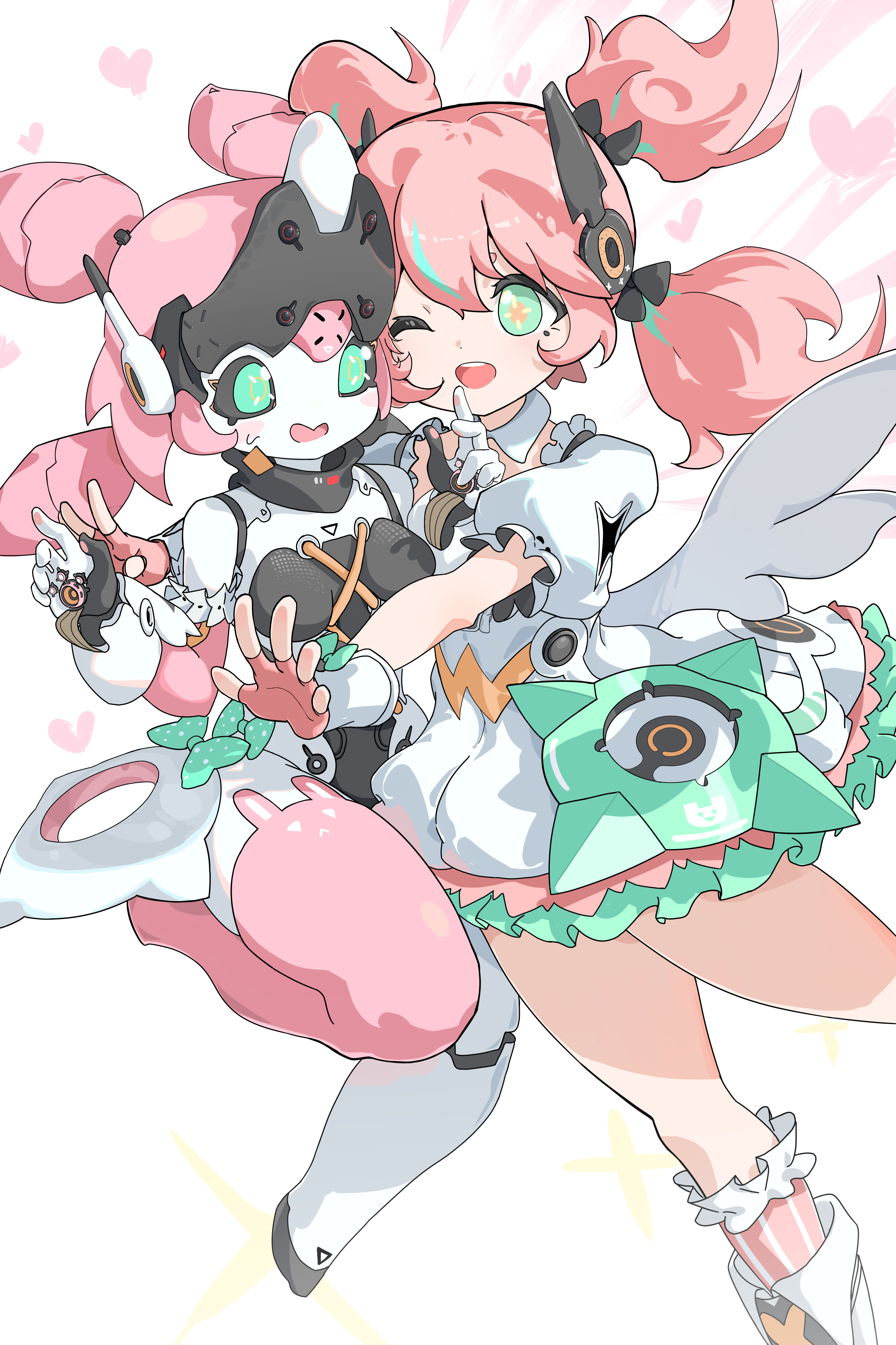 kou koufu, aria (zenless zone zero), angels of delusion, zenless zone zero, absurdres, commentary request, highres, 2girls, :d, aqua streaks, bow, dress, fingerless gloves, gloves, green bow, green eyes, hair between eyes, humanoid robot, joints, looking at viewer, mechanical ears, multicolored hair, multiple girls, one eye closed, open mouth, pink gloves, pink hair, robot, robot girl, robot joints, smile, sparkling eyes, streaked hair, white dress, white wings, wings