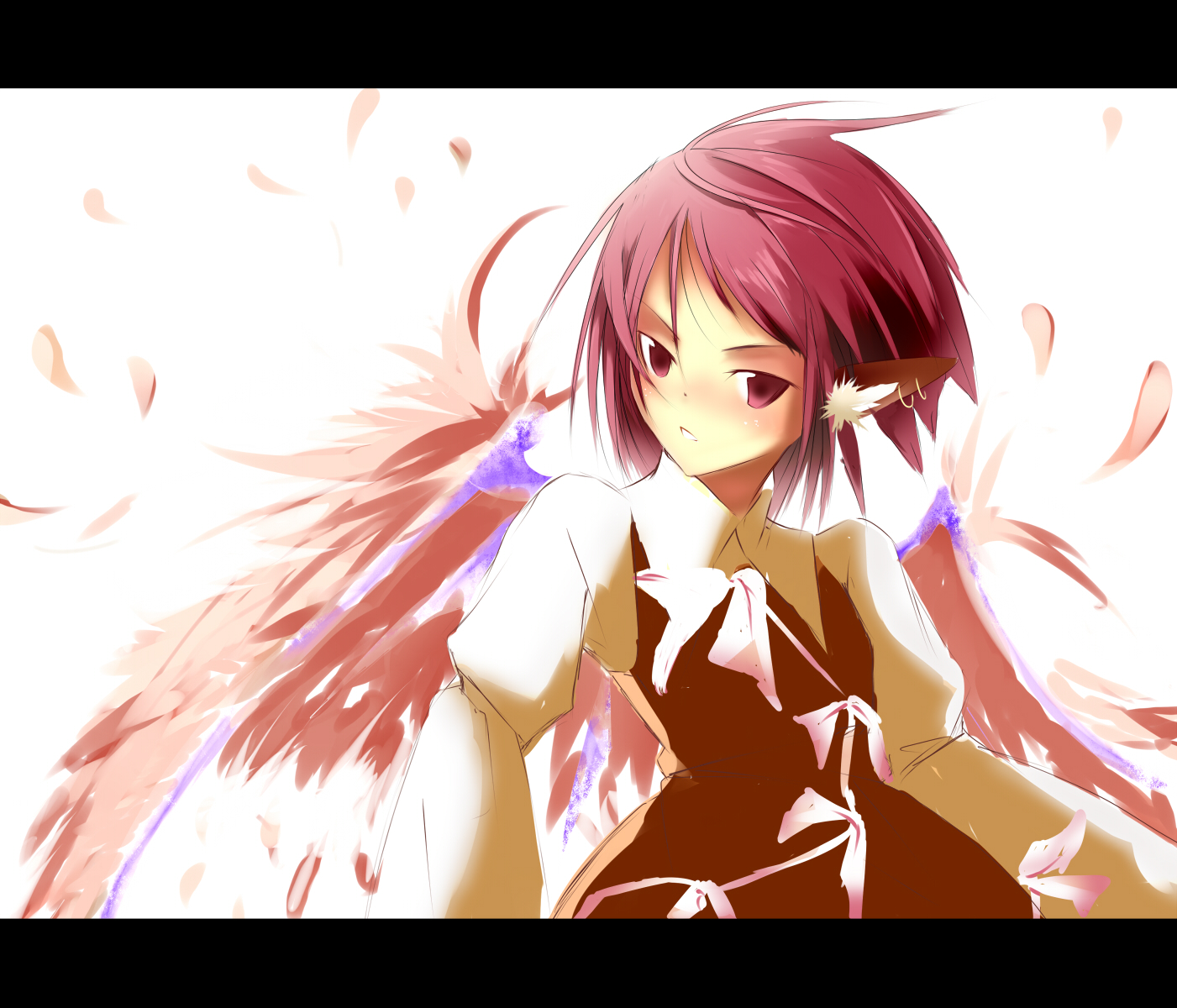 tanetanetane, mystia lorelei, touhou, highres, 1girl, animal ears, feathers, female focus, letterboxed, short hair, solo, white background, wings