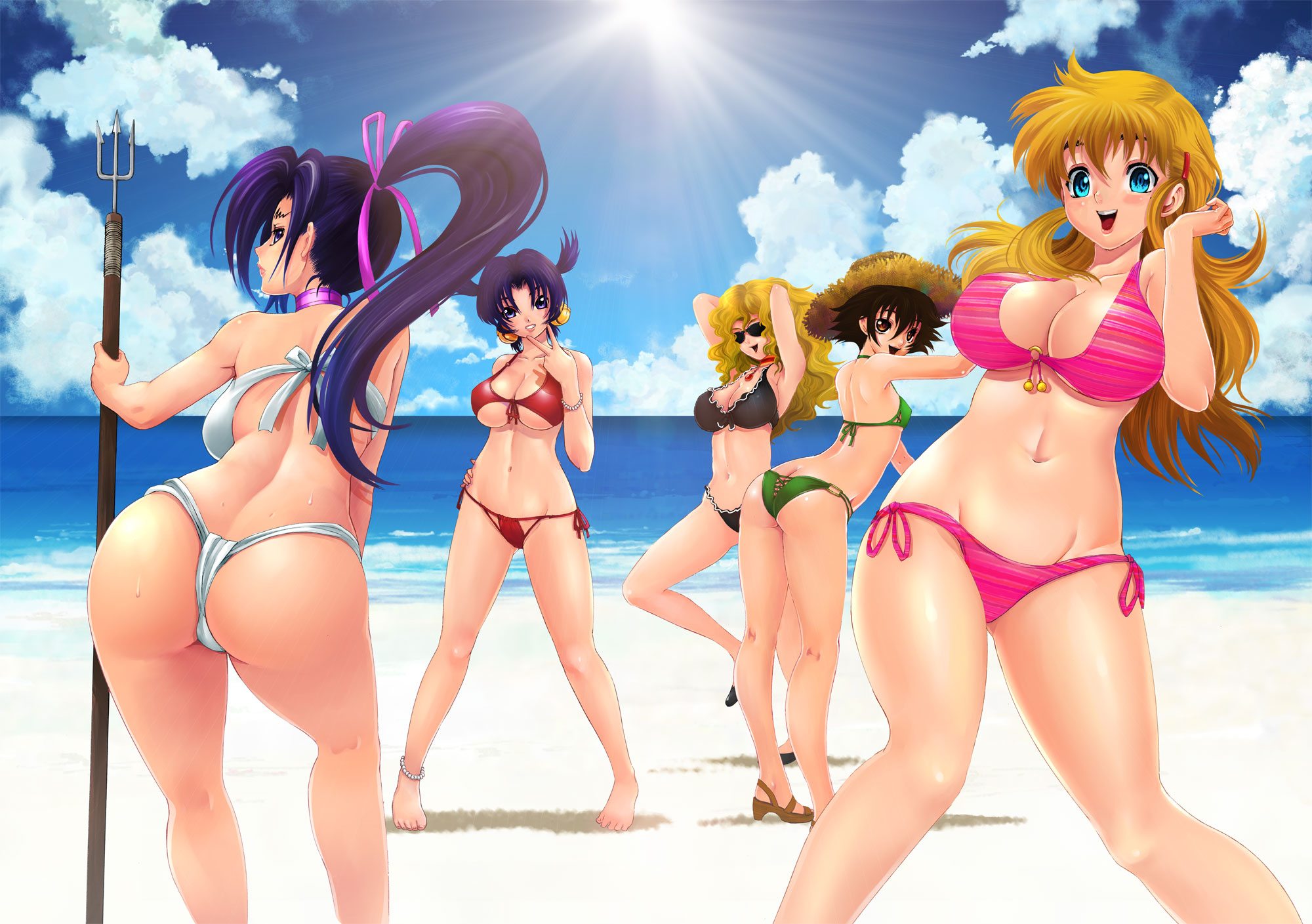 matsuena shun, fuurinji miu, kousaka shigure, ma renka, rachel stanley, shirahama honoka, shijou saikyou no deshi ken'ichi, highres, 5girls, arms behind head, arms up, ass, beach, bell, bikini, black bikini, black hair, blonde hair, blue eyes, blush, breasts, choker, cleavage, cloud, collarbone, front-tie bikini top, front-tie top, fundoshi, green bikini, hair bell, hair ornament, hairclip, hand up, high ponytail, huge breasts, japanese clothes, large breasts, long hair, looking at viewer, mole, mole under eye, multiple girls, navel, ocean, open mouth, pink bikini, ponytail, purple eyes, purple hair, red bikini, sandals, short hair, side-tie bikini bottom, sky, small breasts, smile, standing, sun, sunglasses, swimsuit, thighs, weapon