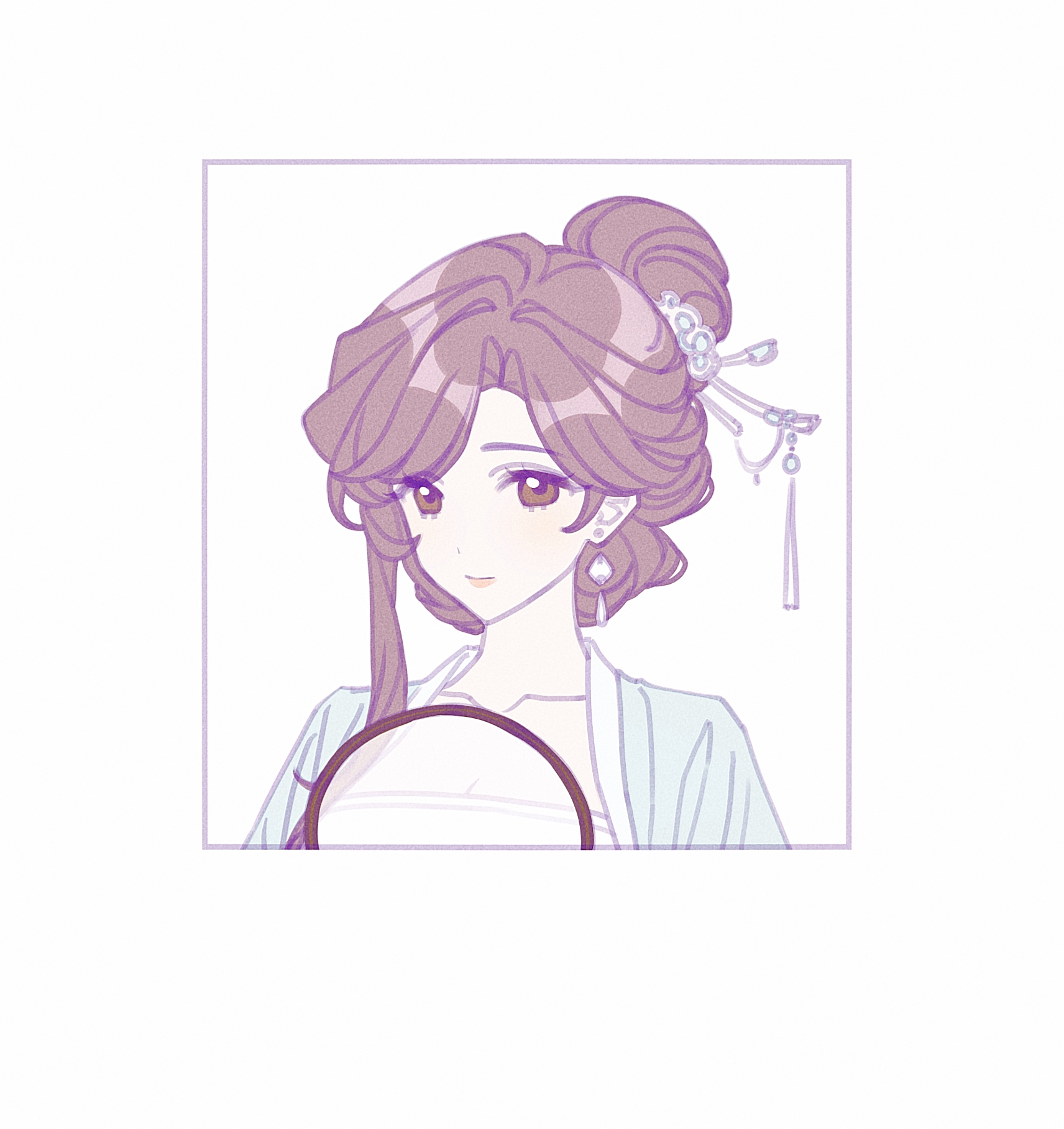 original, chinese commentary, commentary request, highres, 1girl, border, brown eyes, brown hair, chinese clothes, closed mouth, collarbone, earrings, hair bun, hair ornament, hair stick, hand fan, hanfu, jacket, jewelry, looking at viewer, portrait, pressplus, simple background, single earring, single hair bun, solo, tuanshan, upper body, white background