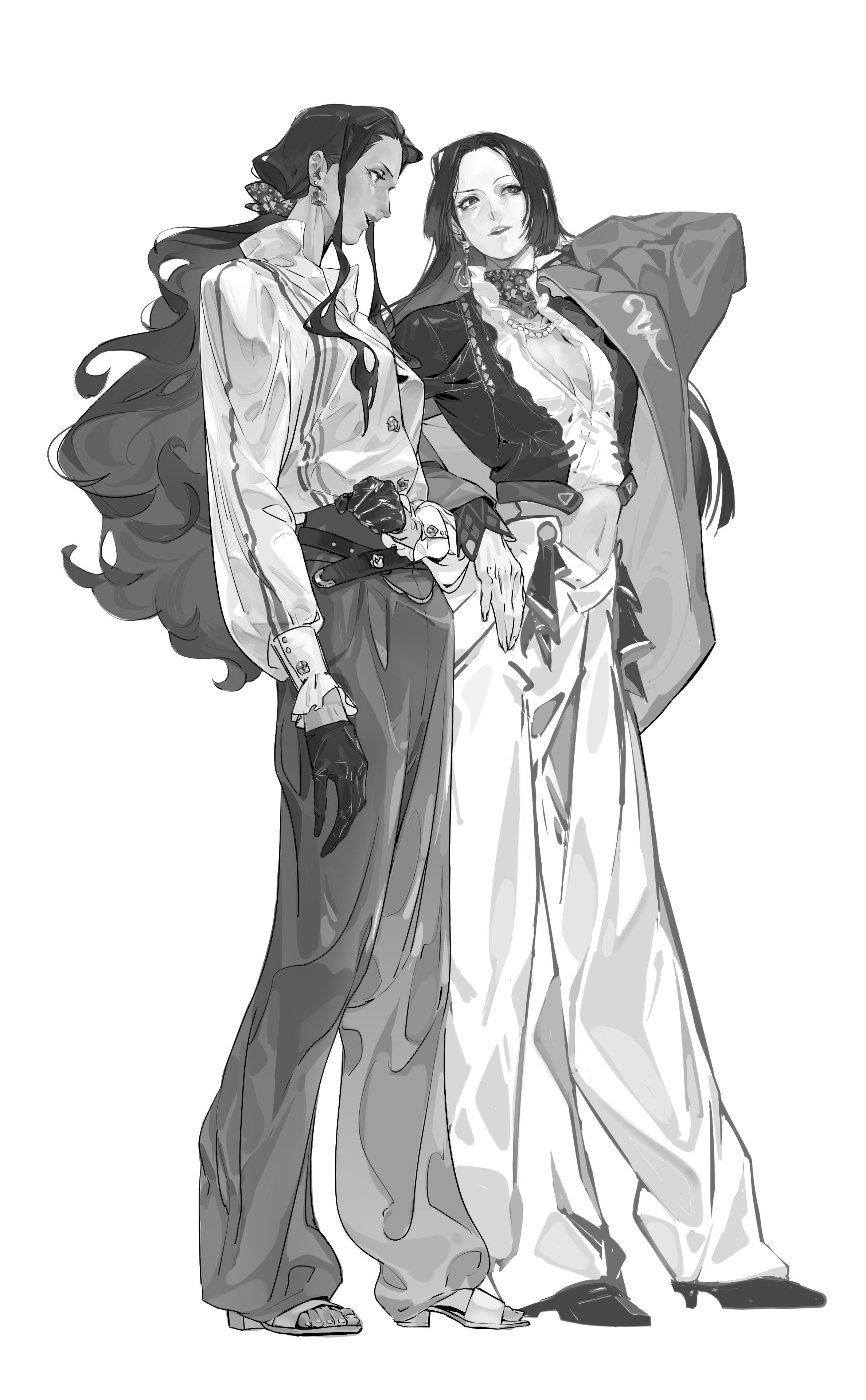 hebi utage, boa hancock, nico robin, one piece, absurdres, commentary request, highres, breasts, cleavage, dark-skinned female, dark skin, earrings, forehead, full body, gloves, greyscale, high heels, hime cut, jacket, jewelry, long hair, long sleeves, midriff, monochrome, open clothes, open jacket, puffy long sleeves, puffy pants, puffy sleeves, smile