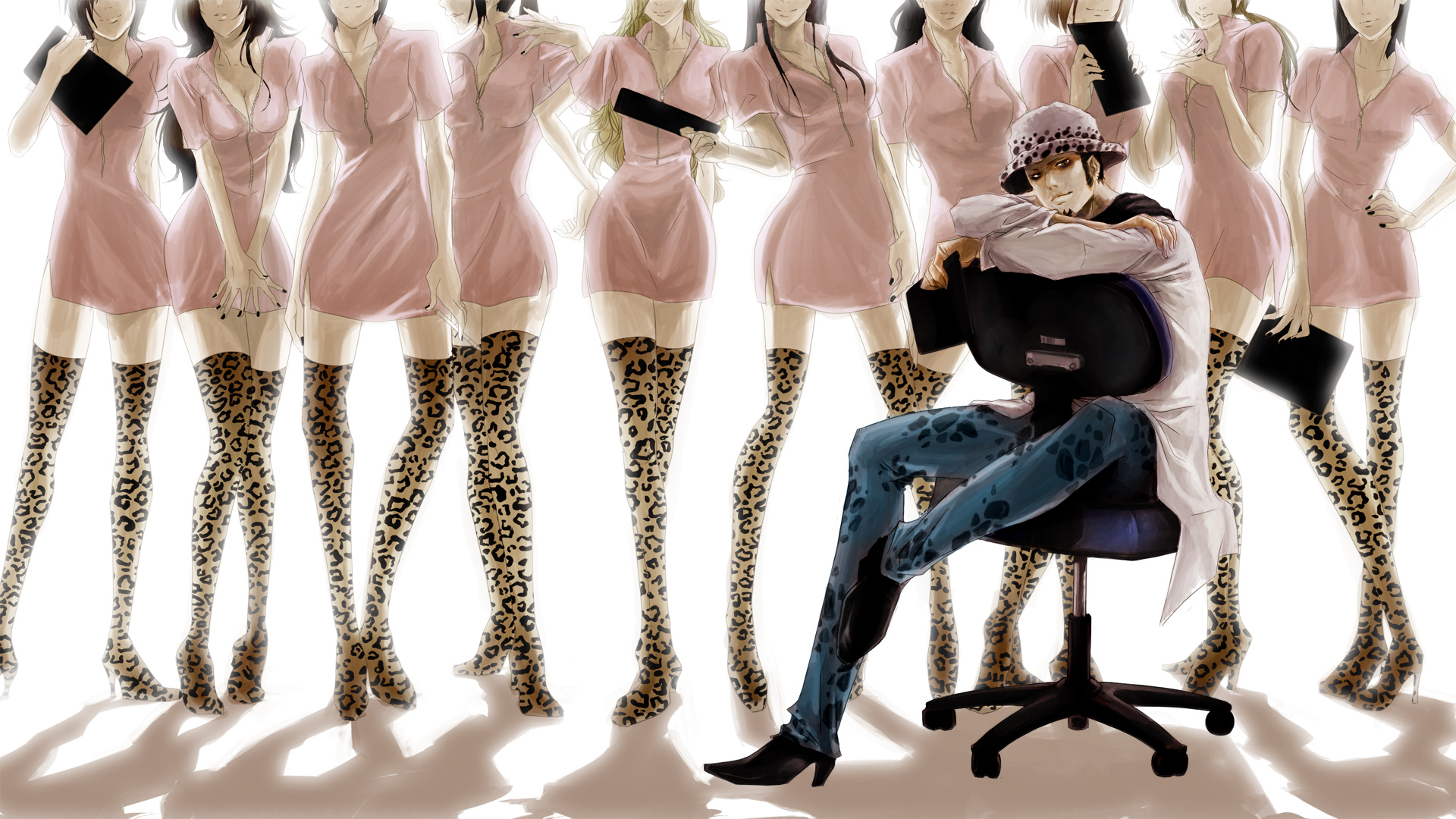 mak (kainemaru), trafalgar law, one piece, highres, 1boy, 6+girls, animal print, boots, chair, doctor, hat, head out of frame, lab coat, legs, leopard print, lineup, long sideburns, manly, medical, multiple girls, nurse, office chair, pirate costume, sideburns, sitting, standing, swivel chair, syringe, thighhighs, zettai ryouiki