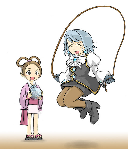 e saiba, franziska von karma, pearl fey, ace attorney, capcom, silver hair, md5 mismatch, 2girls, blush, boots, brown hair, closed eyes, earrings, embarrassed, female focus, gloves, japanese clothes, jewelry, jump rope, kimono, mole, multiple girls, open mouth, sandals, skirt, sweat, whip