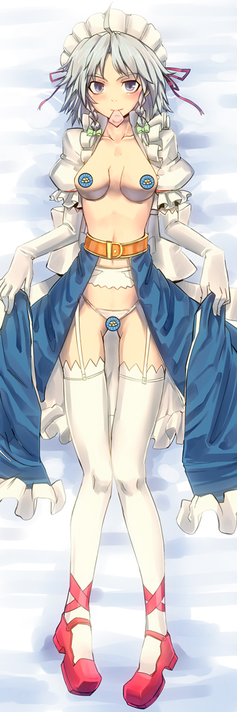 hidori (hibi toridori), izayoi sakuya, touhou, silver hair, long image, tall image, 1girl, blue eyes, braid, breasts, censored, female focus, full body, garter belt, panties, short hair, solo, thighhighs, twin braids, underwear, white thighhighs
