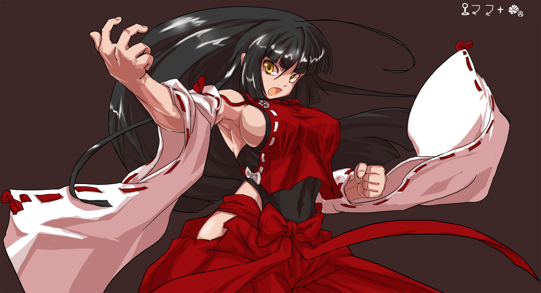 rekise, sendai hakurei no miko, sendai hakurei no miko (m.u.g.e.n), m.u.g.e.n, original, touhou, highres, 1girl, ahoge, armpits, bad anatomy, bad hands, bare hips, black hair, breasts, clenched hand, detached sleeves, female focus, fighting stance, japanese clothes, large breasts, man hands, miko, muscular, nontraditional miko, sideboob, solo, wide sleeves, yellow eyes