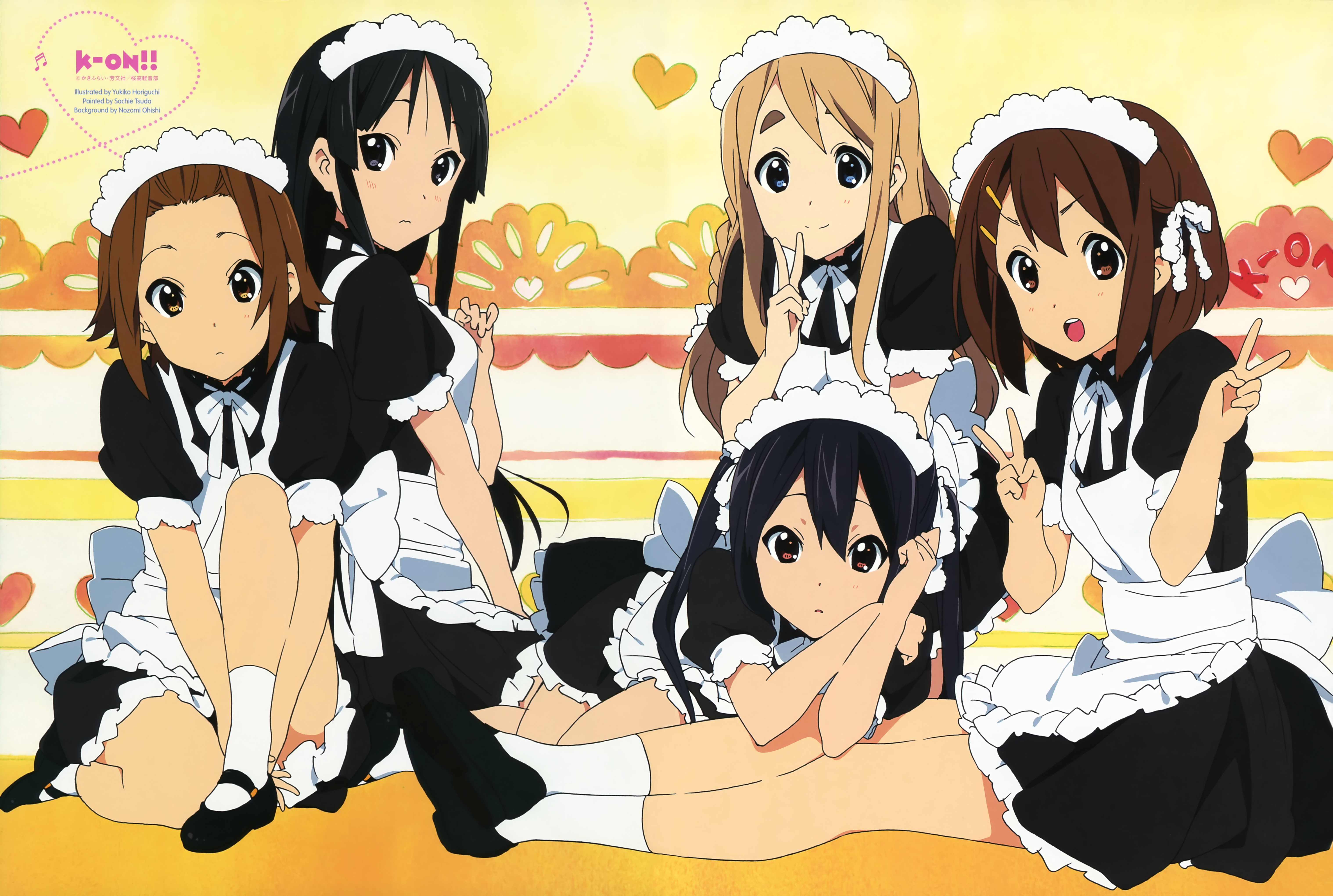 horiguchi yukiko, akiyama mio, hirasawa yui, kotobuki tsumugi, nakano azusa, tainaka ritsu, animage, k-on!, absurdres, highres, official art, scan, 5girls, alternate costume, apron, black hair, blonde hair, blue eyes, brown eyes, enmaided, ho-kago tea time, long hair, maid, maid apron, maid headdress, mary janes, multiple girls, neck ribbon, ribbon, shoes, short hair, sitting, socks, v, yellow eyes