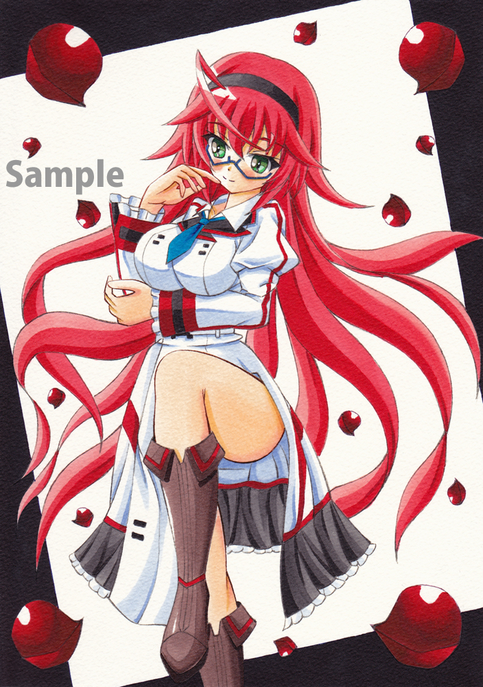 munmu, velvet hel, infinite stratos, infinite stratos: archetype breaker, marker (medium), traditional media, 1girl, ahoge, arm under breasts, blush, boots, glasses, green eyes, infinite stratos academy school uniform, knee boots, long hair, red hair, school uniform, smile, solo, thighs, very long hair