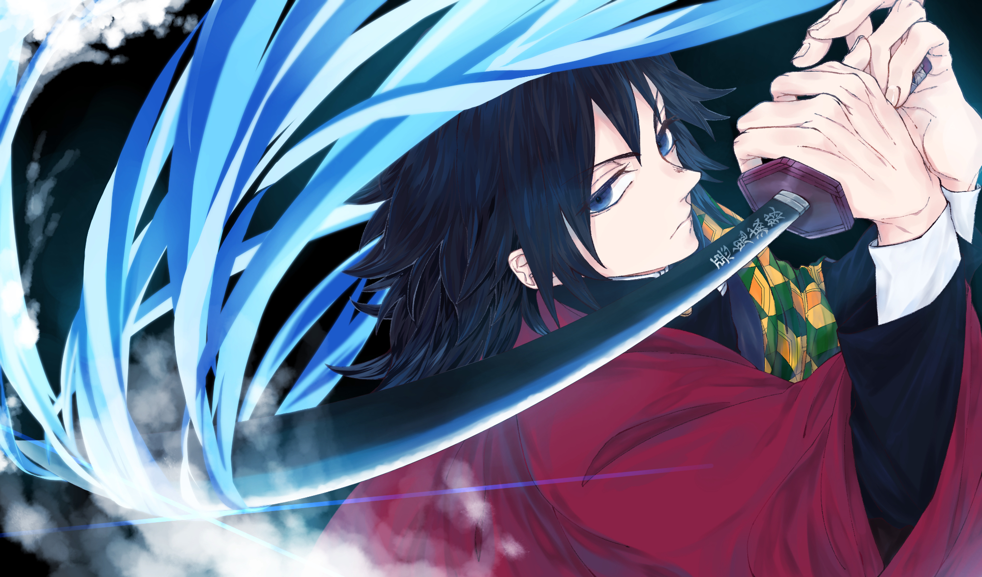 tomioka giyuu, kimetsu no yaiba, commentary request, highres, 1boy, black hair, black jacket, blue eyes, buttons, closed mouth, demon slayer uniform, empty eyes, gold buttons, hair between eyes, haori, high collar, holding, holding sword, holding weapon, jacket, japanese clothes, katana, kikkoumon, long hair, looking at viewer, low ponytail, male focus, ponytail, print haori, red haori, solo, spiked hair, sword, upper body, weapon, yosuga zzz