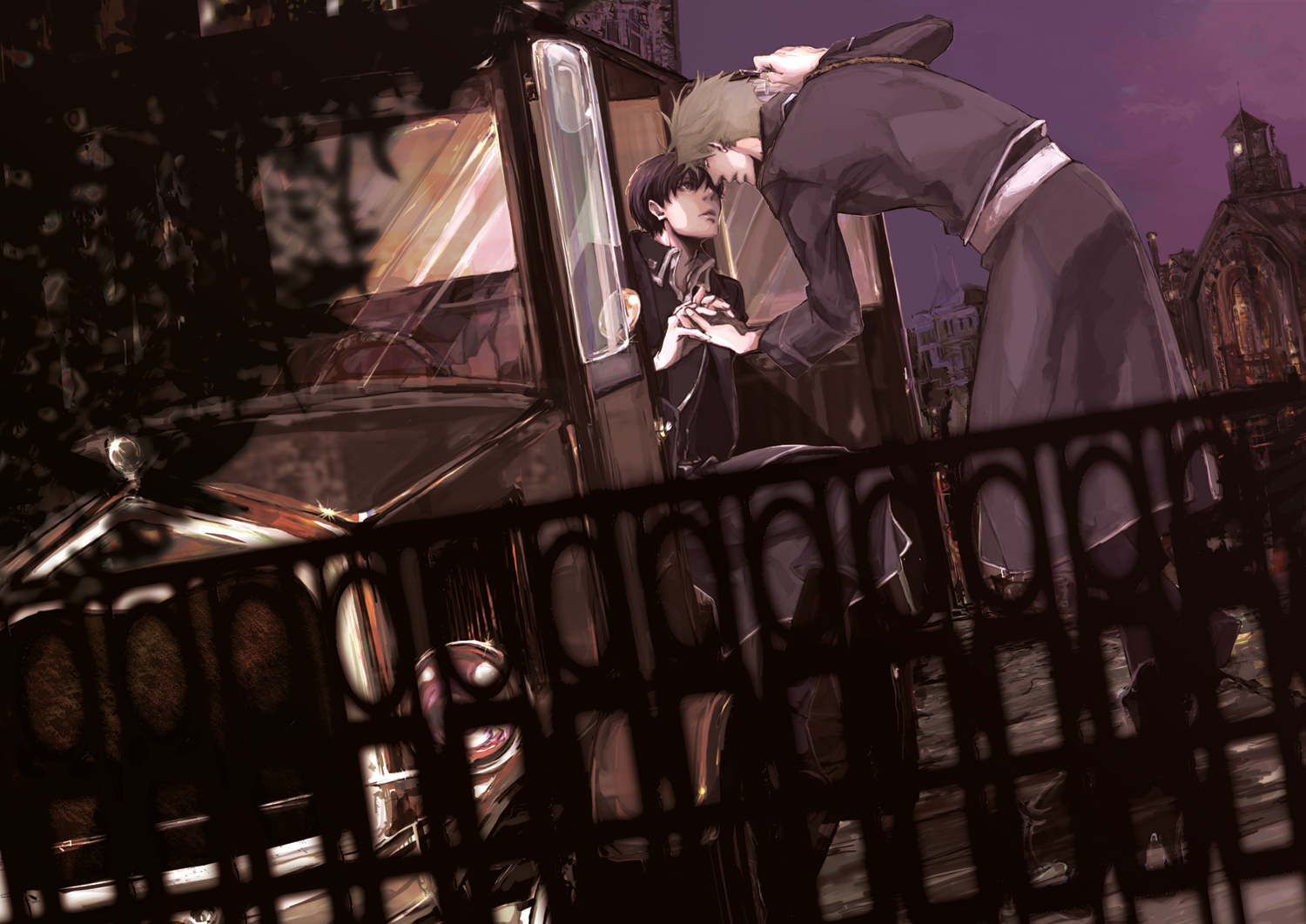jean havoc, roy mustang, fullmetal alchemist, 00s, 2boys, black eyes, black hair, blonde hair, car, couple, fence, gloves, holding hands, jacket, male focus, motor vehicle, multiple boys, night, short hair, sky, yaoi