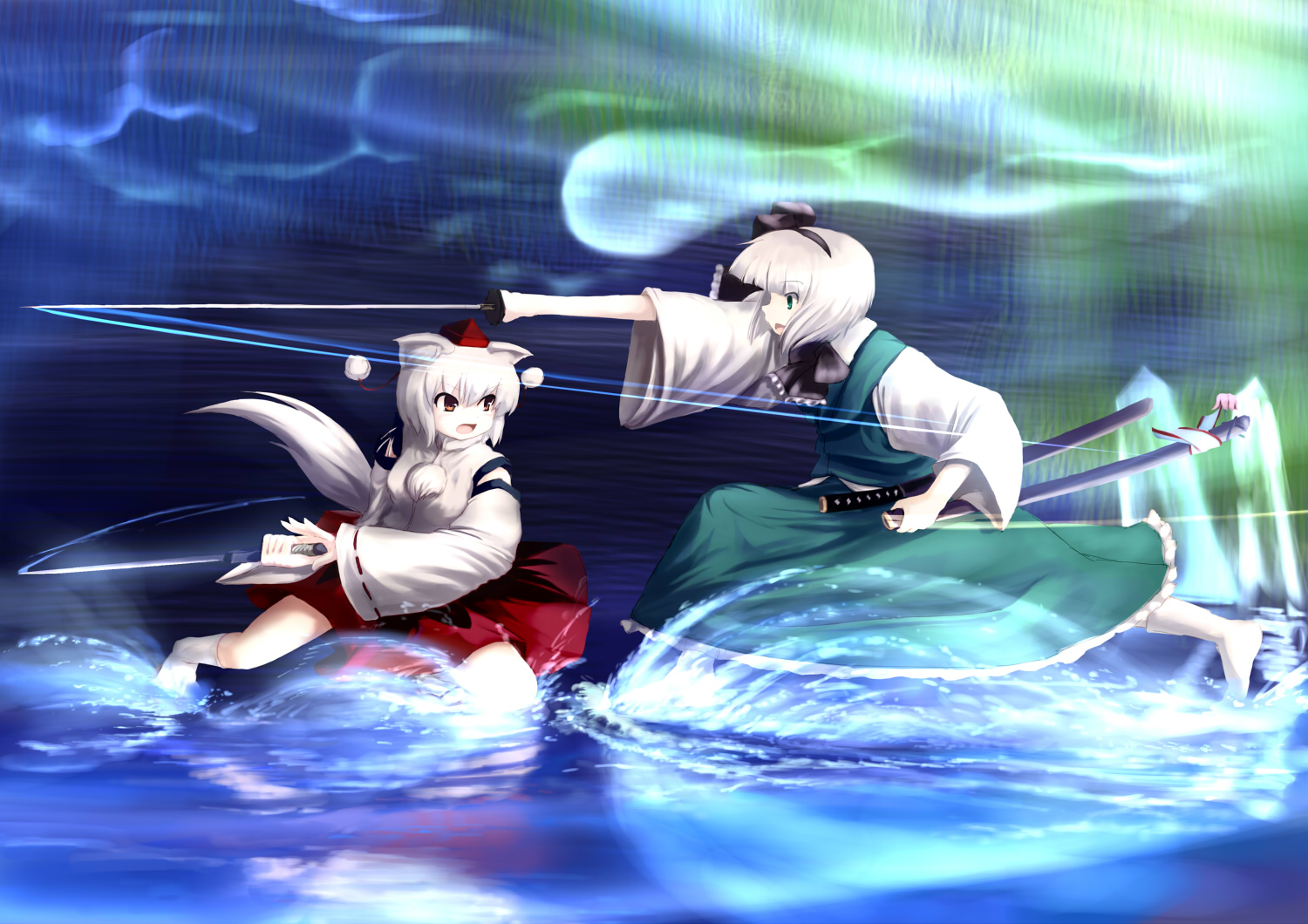 tsubasa (abchipika), inubashiri momiji, konpaku youmu, konpaku youmu (ghost), touhou, 2girls, animal ears, battle, blue eyes, detached sleeves, female focus, ghost, hairband, hat, katana, multiple girls, red eyes, short hair, sword, tail, tokin hat, weapon, white hair, wolf ears, wolf tail